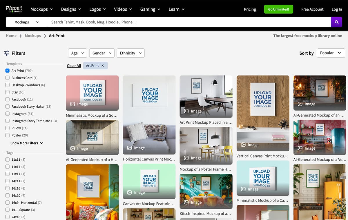 Placeit mockup platform interface showing art print templates