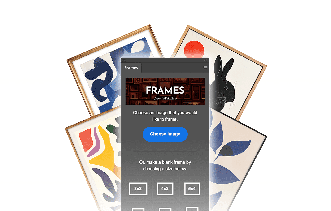 FRAMES plugin interface with frame styles and artwork previews