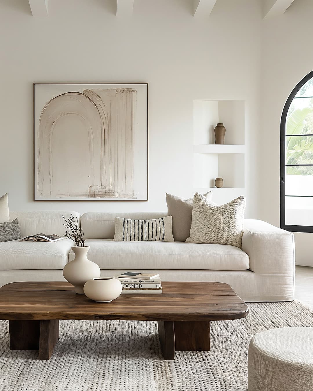A modern living room with art on the wall