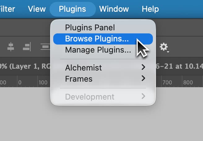 Opening the Plugins menu in Photoshop and choosing Browse Plugins