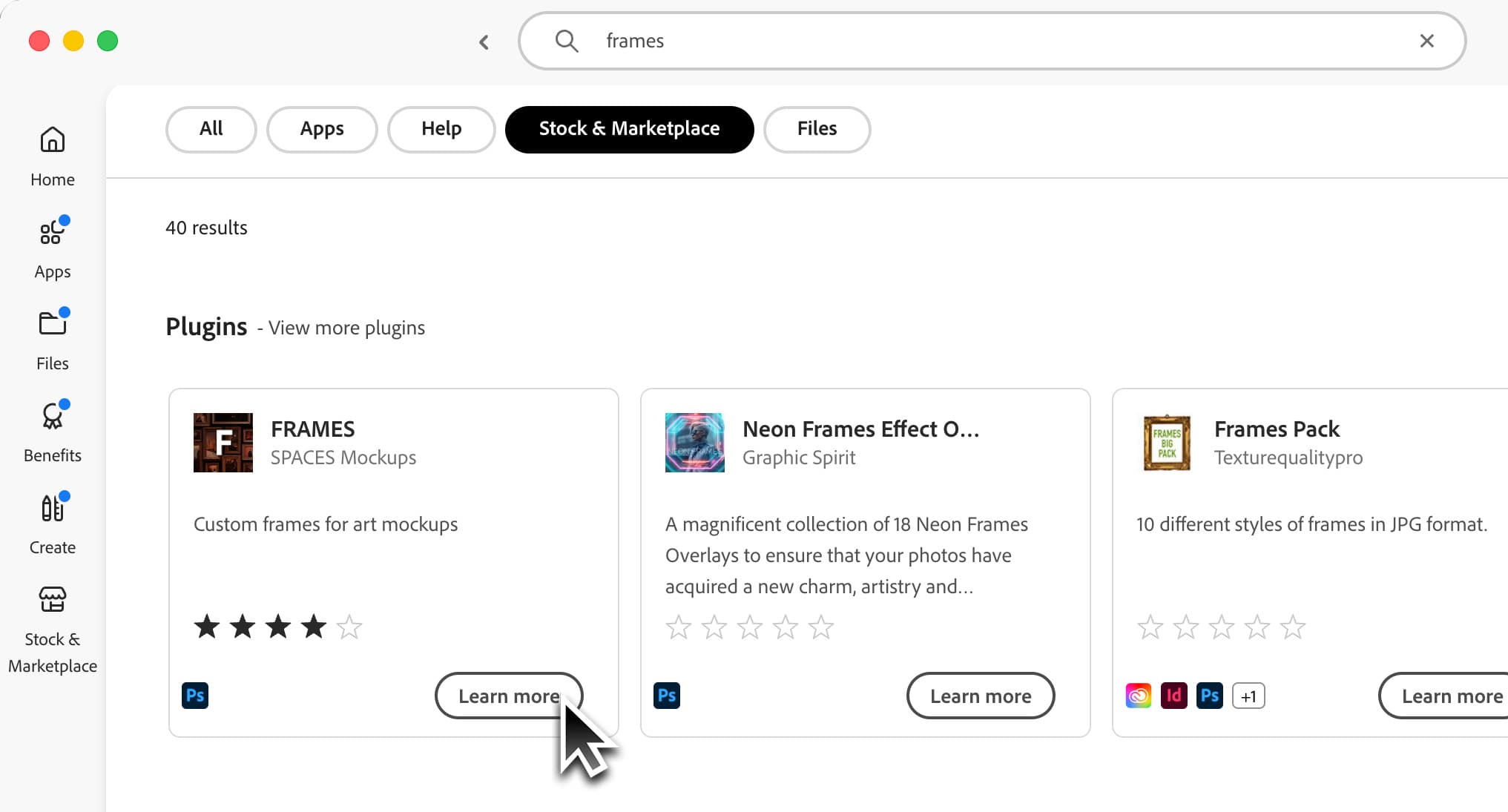 Searching for the FRAMES plugin and installing it from the Photoshop marketplace