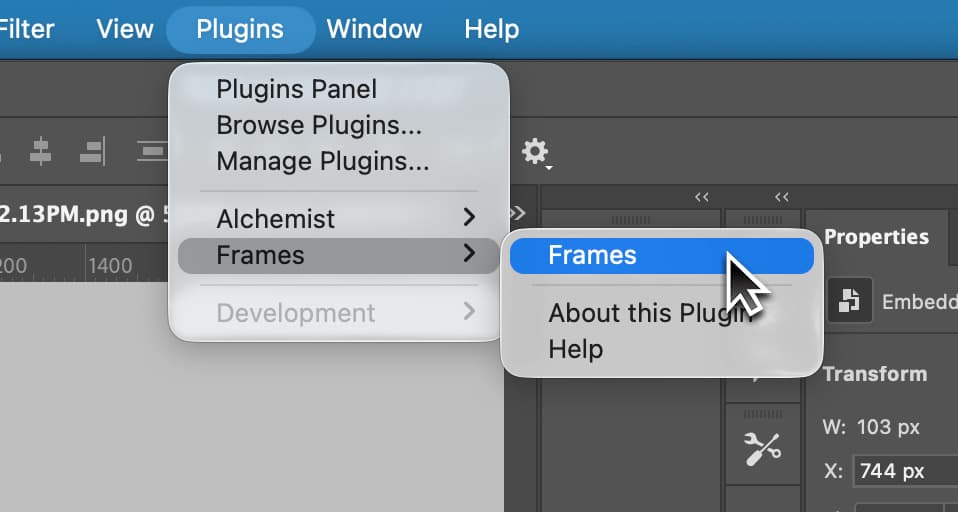 The FRAMES plugin open inside Photoshop under the Plugins menu