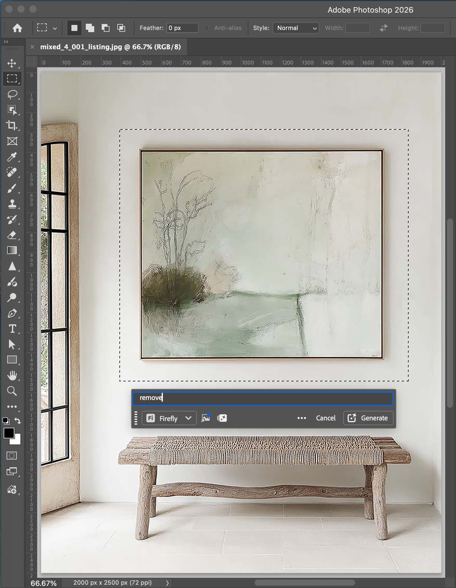 Typing remove into Photoshop Generative Fill to erase the framed artwork