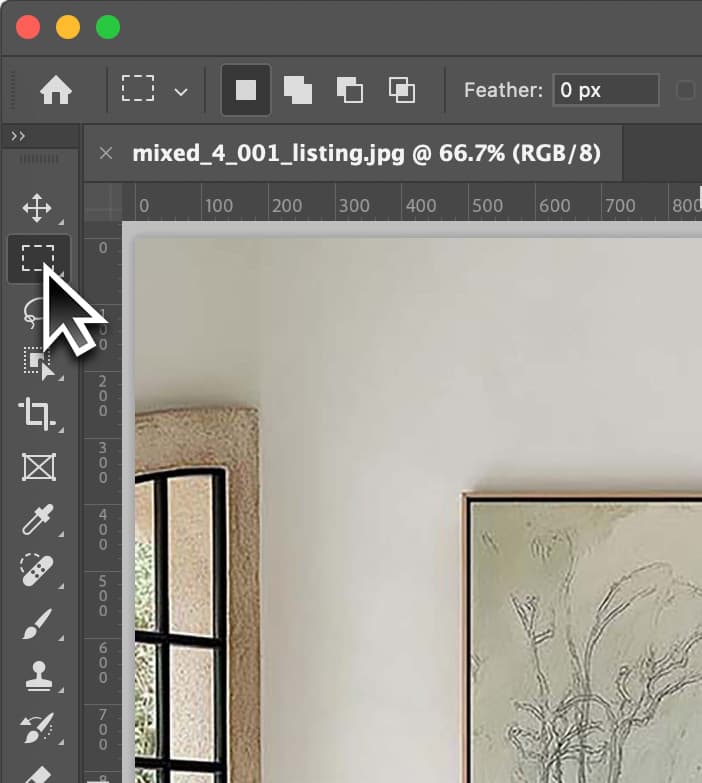 Using the marquee tool to select the existing framed artwork on the wall