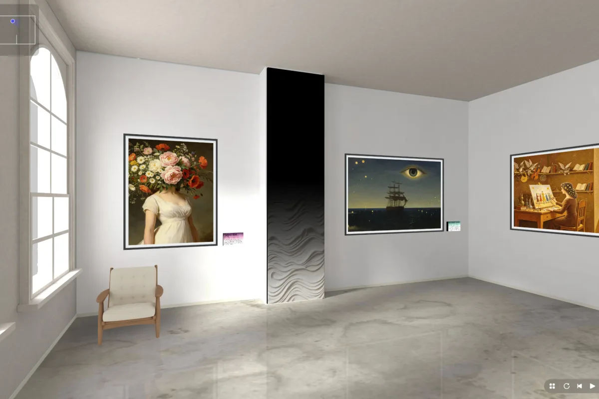 Paintings on white walls in a sunlit ExhVerse 3D exhibition room