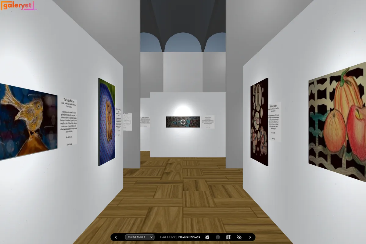 A Galeryst gallery corridor with mixed-media artworks and wall labels