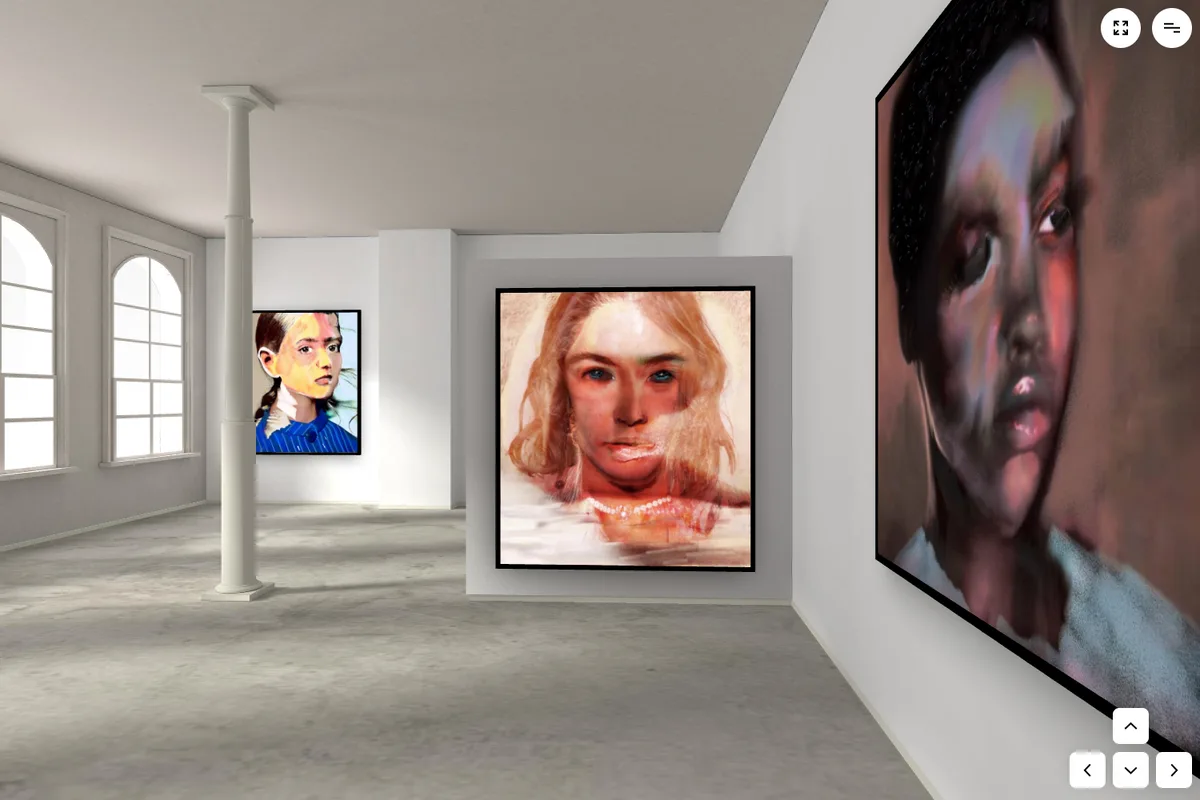 Large portrait paintings in a Kunstmatrix loft-style 3D gallery