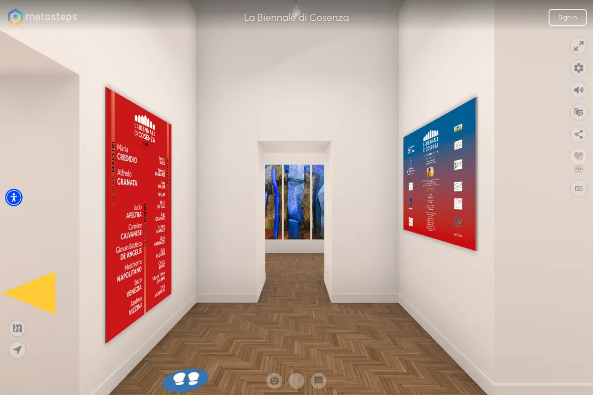A Metasteps exhibition corridor with banners and a painting at the far end