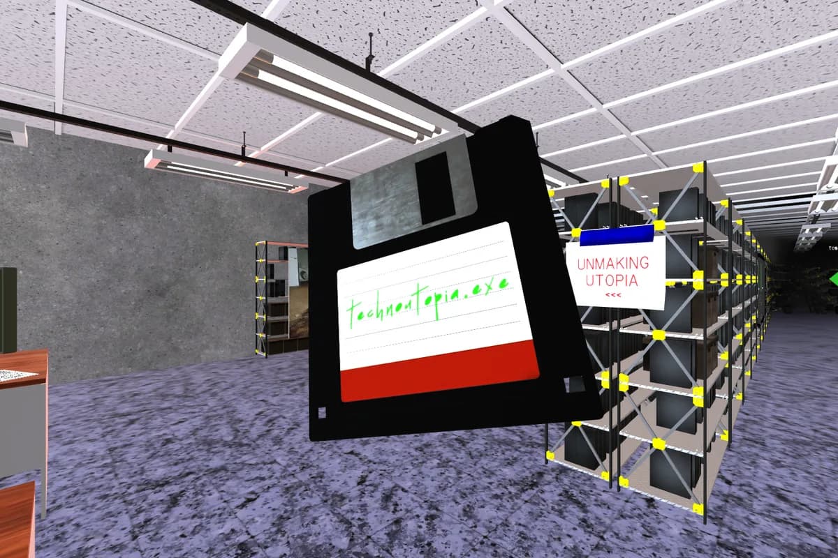 A New Art City 3D world with a giant floppy disk sculpture in an archive