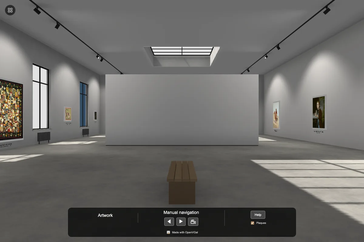 A bright OpenVGal gallery hall with paintings on white walls