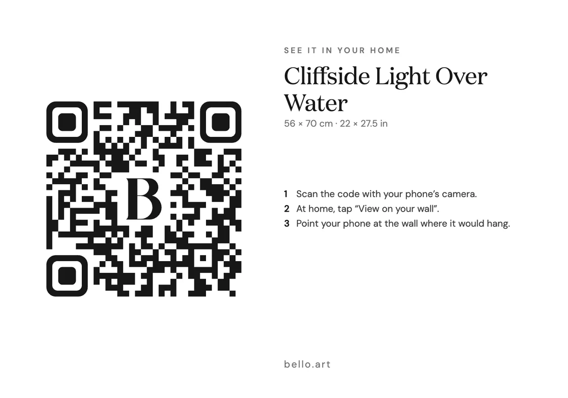 A printable wall label with the artwork’s title, size and QR code
