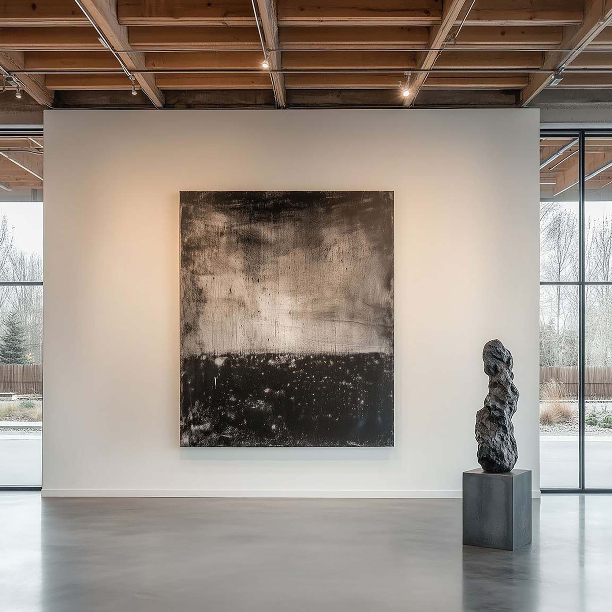 Minimal gallery interior with a large customizable frame centered on a white wall, with a stone sculpture on a pedestal nearby.