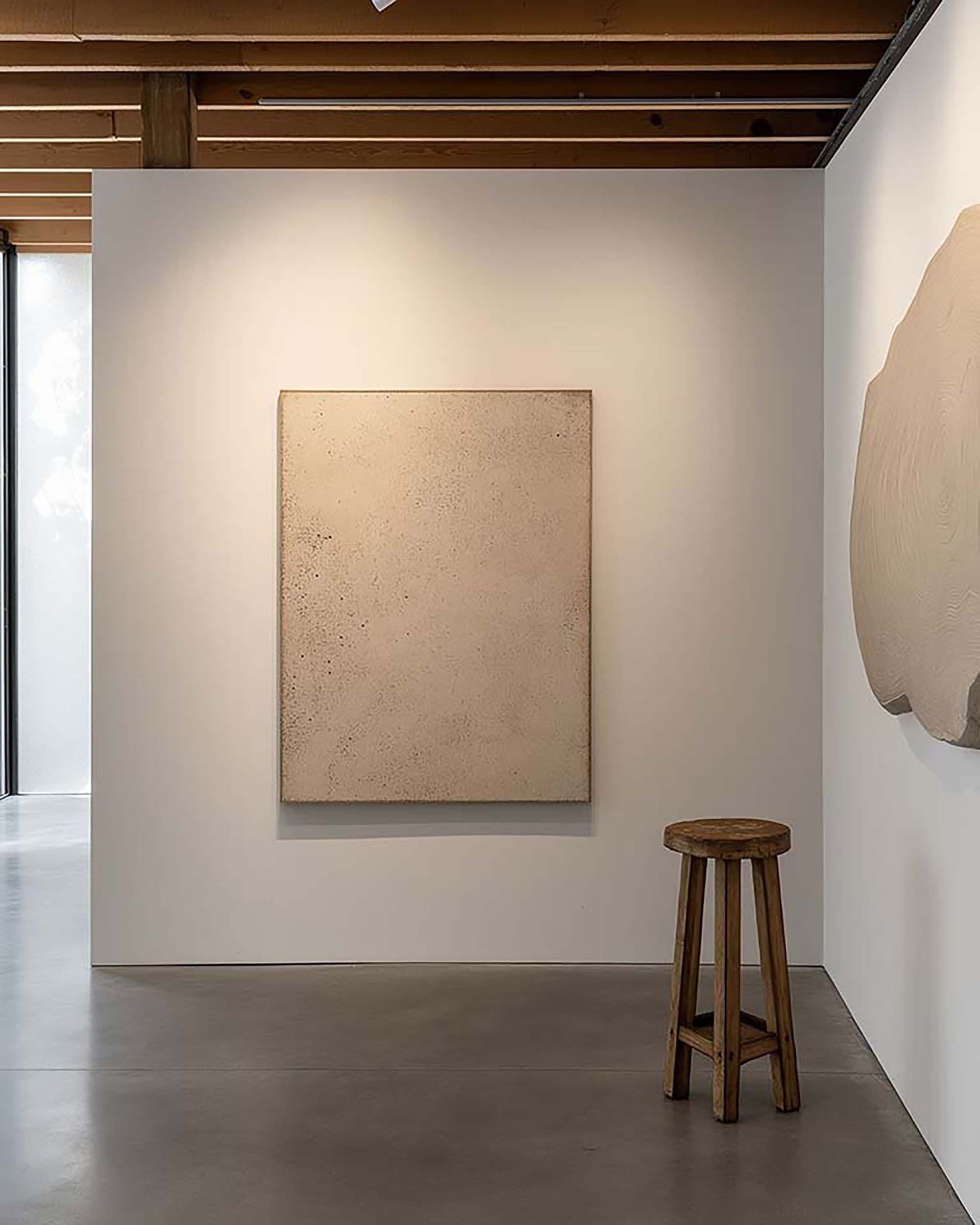 Minimal hallway gallery wall with a centered frame on a white wall, wood slat ceiling above, and a small wooden stool.
