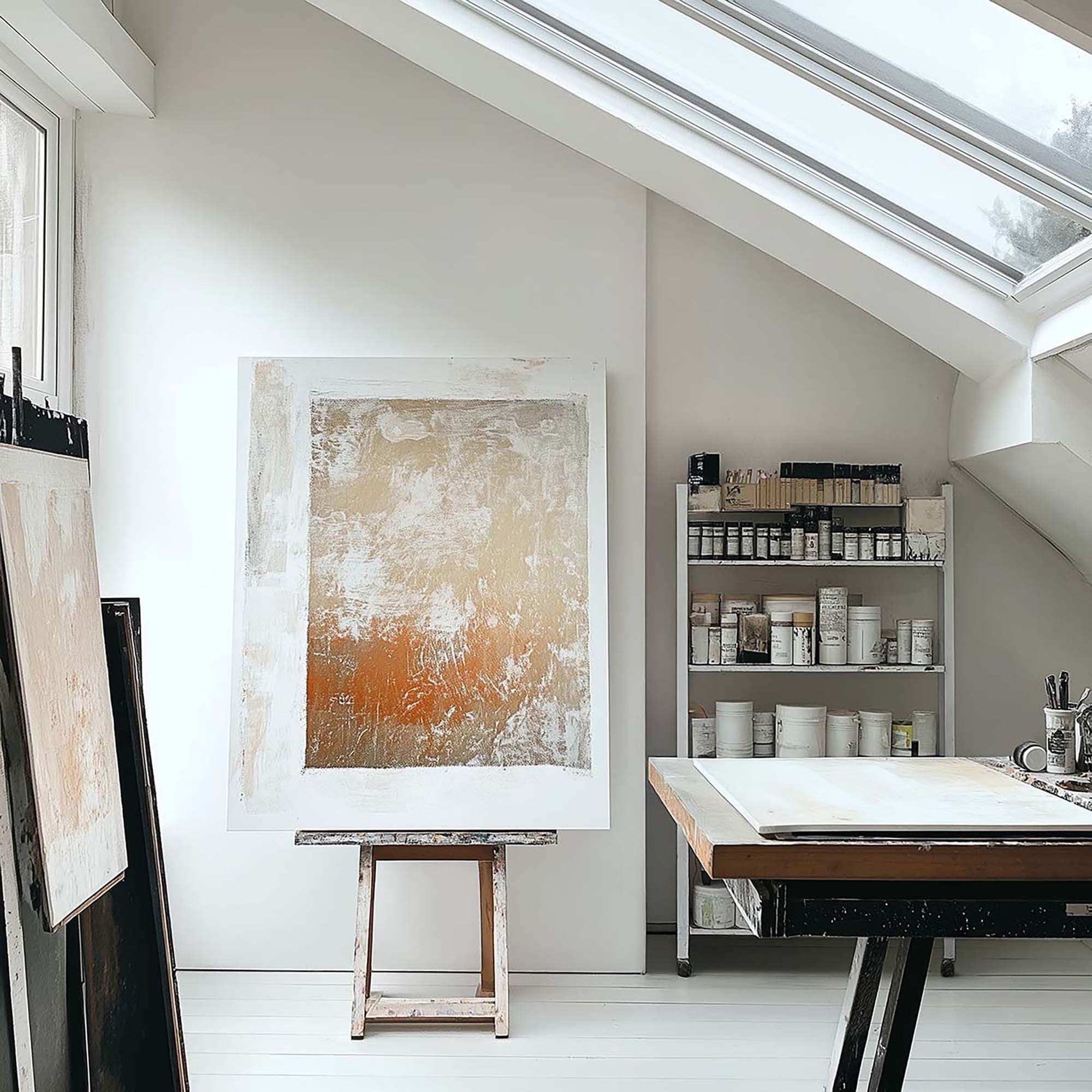 Bright artist studio with a large framed artwork on an easel under a slanted skylight beside a worktable.