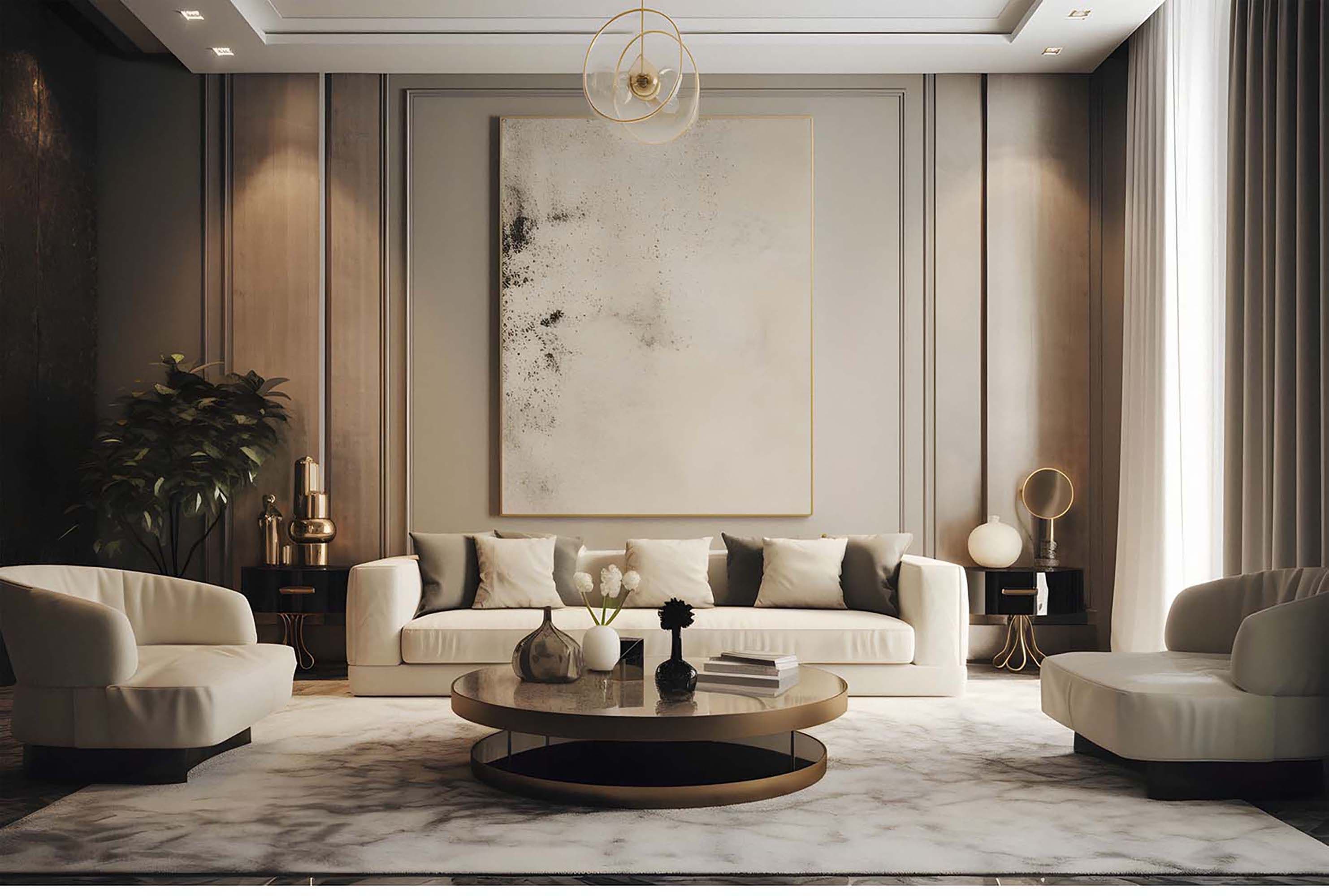 Modern living room with a large customizable frame centered above a white sofa, with a round coffee table in front.