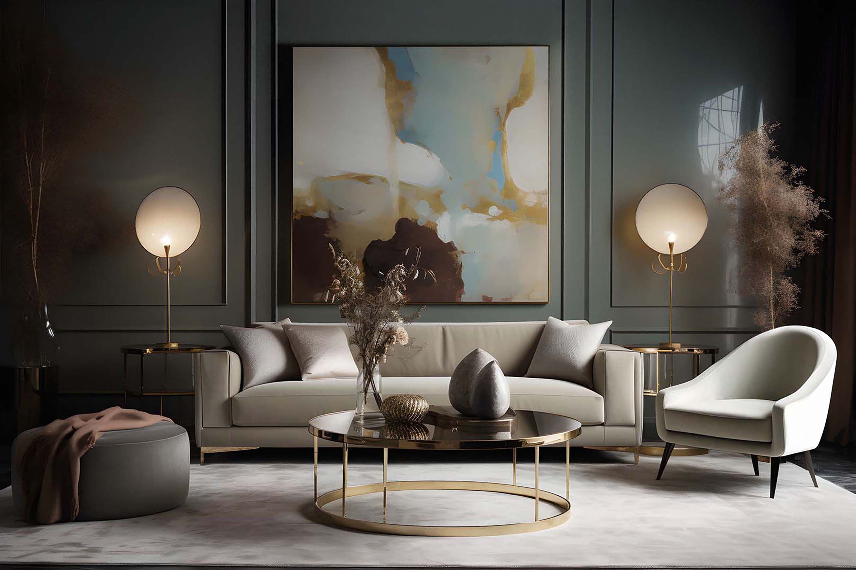 Modern living room with a large customizable frame centered above a light sofa, flanked by globe floor lamps.