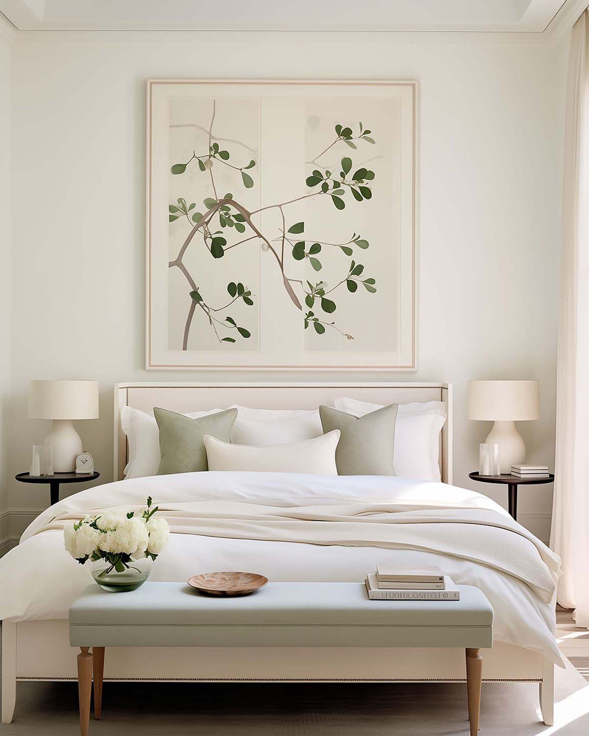 Neutral bedroom with a large wall frame centered above the bed, flanked by matching bedside lamps on round tables.
