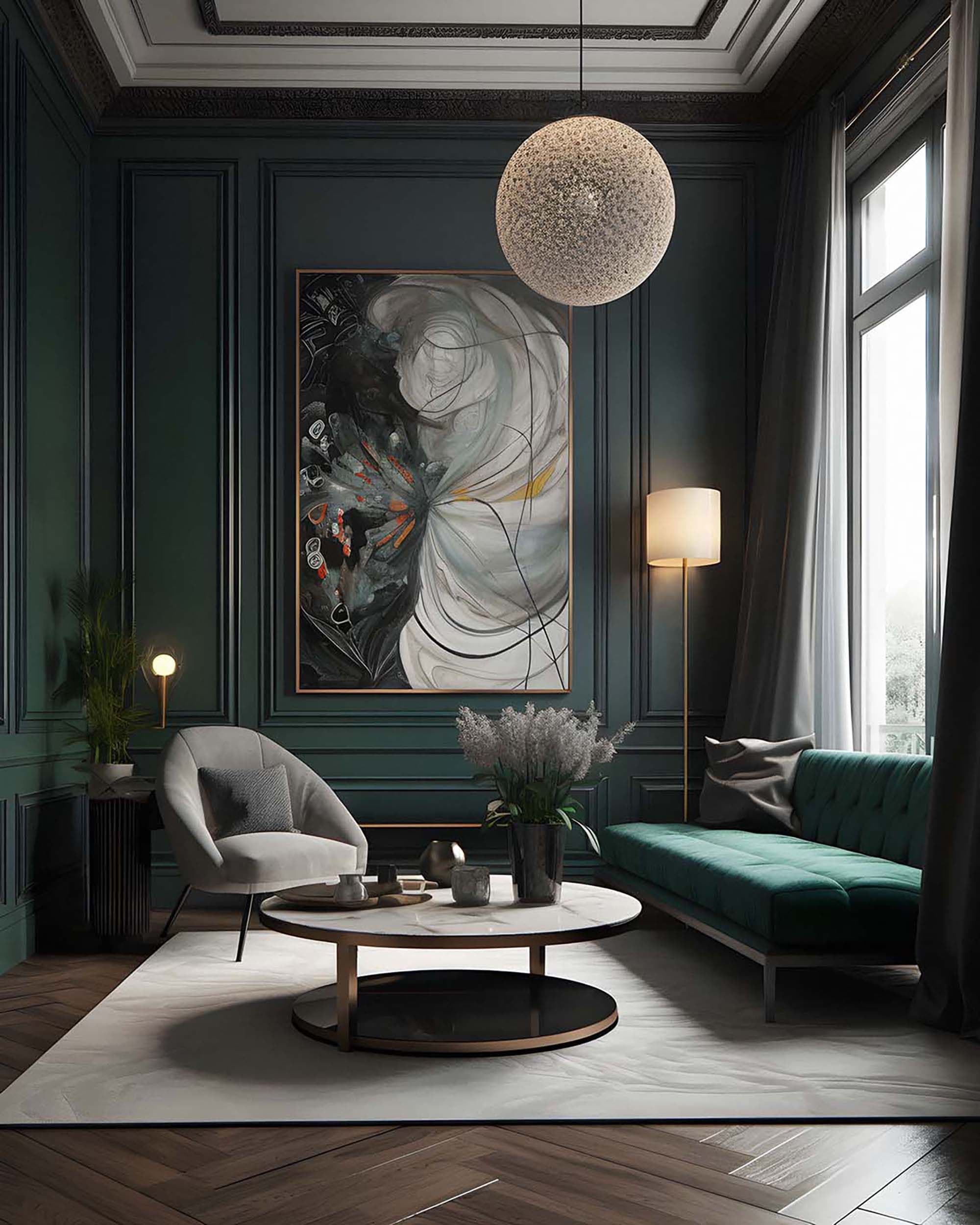 Moody living room with a large framed piece centered on a dark paneled wall above a sofa and round coffee table.