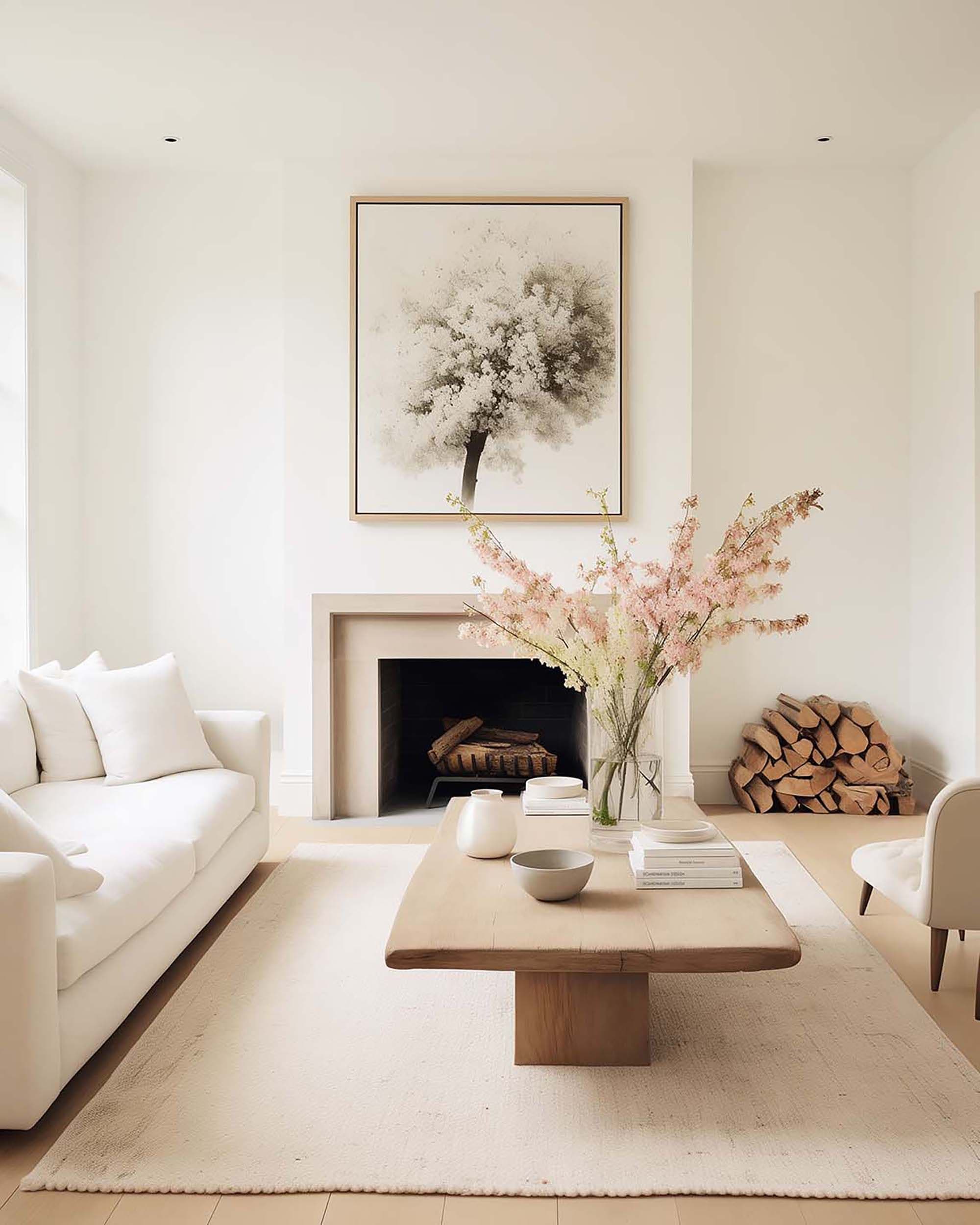 Minimal living room with a framed artwork above a white fireplace, a light-wood coffee table, and a white sofa.