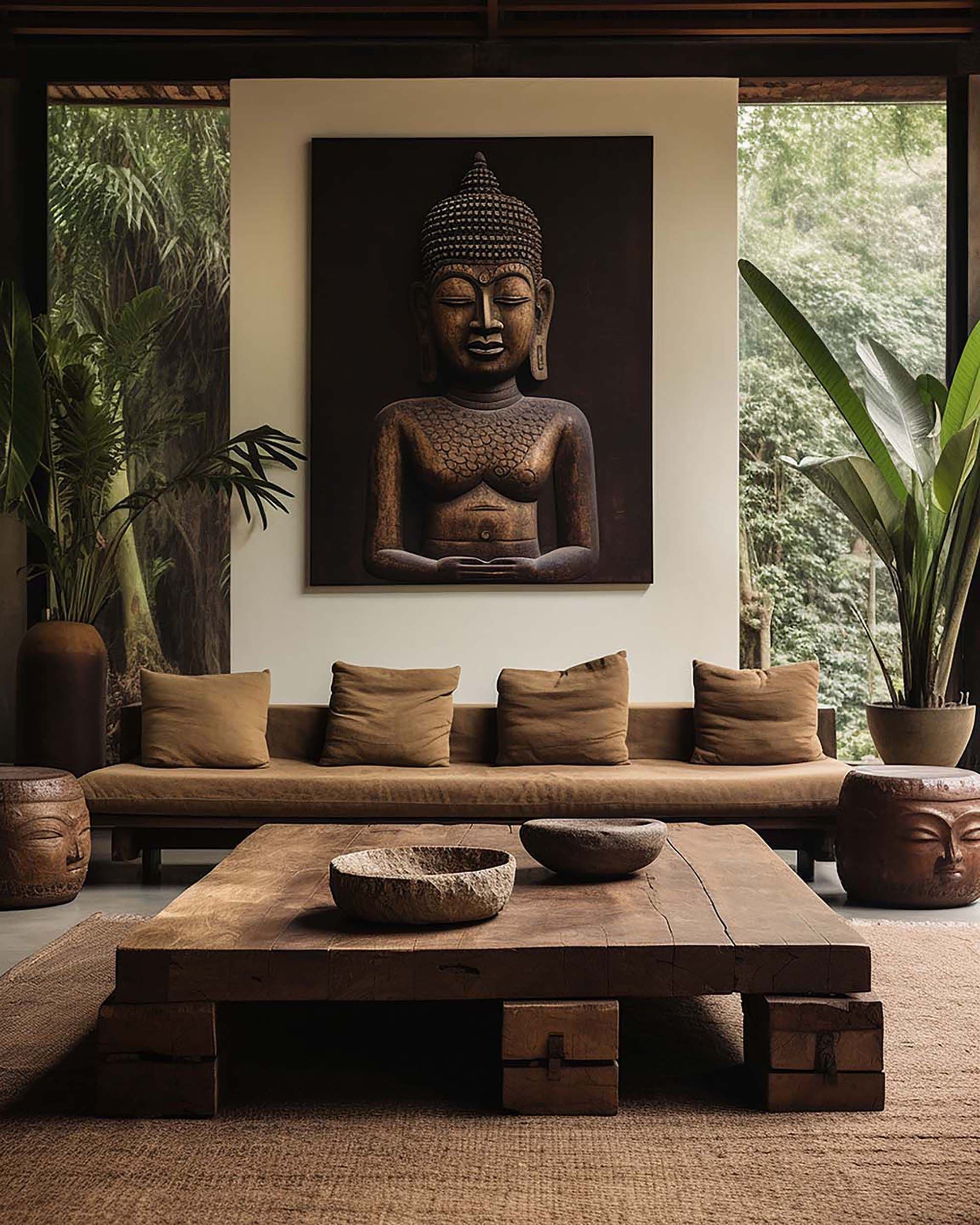 Earthy living room with a large wall-mounted frame above a low sofa, with a chunky wood coffee table in front.