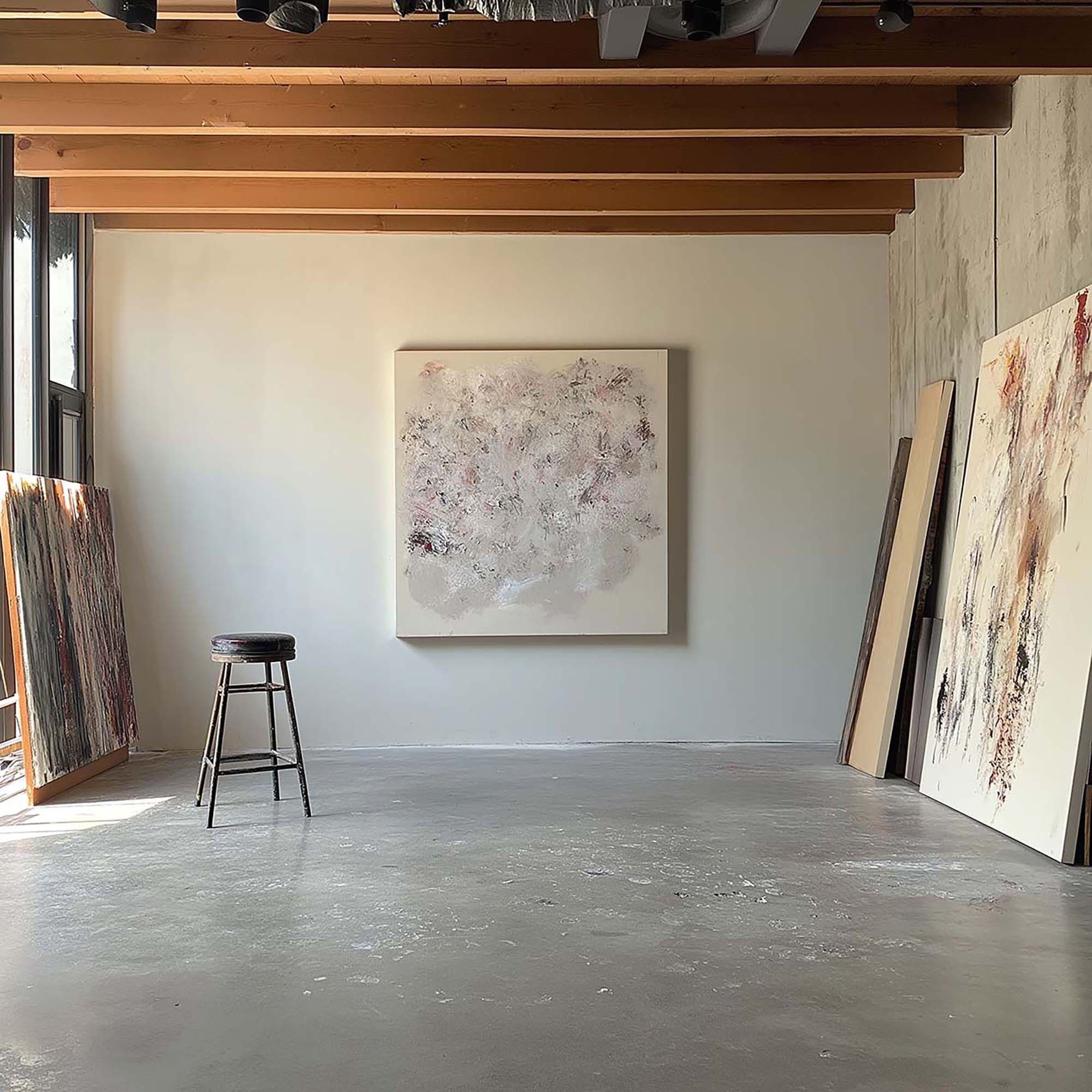 Industrial artist studio with exposed wood ceiling beams and a large wall-hung frame above a concrete floor and stool.