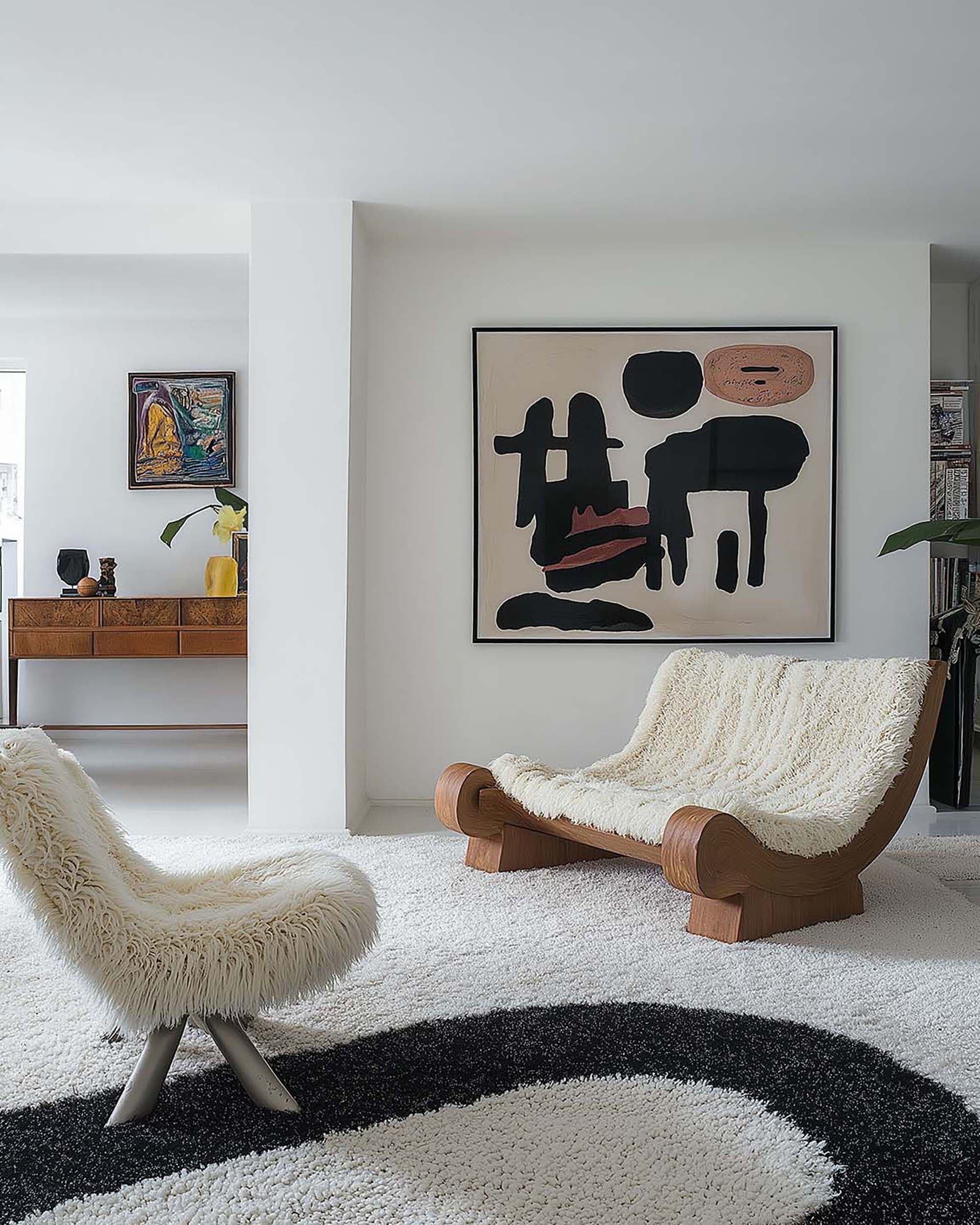 Modern living room with a large framed wall art above a low wooden lounge chair on a textured rug.