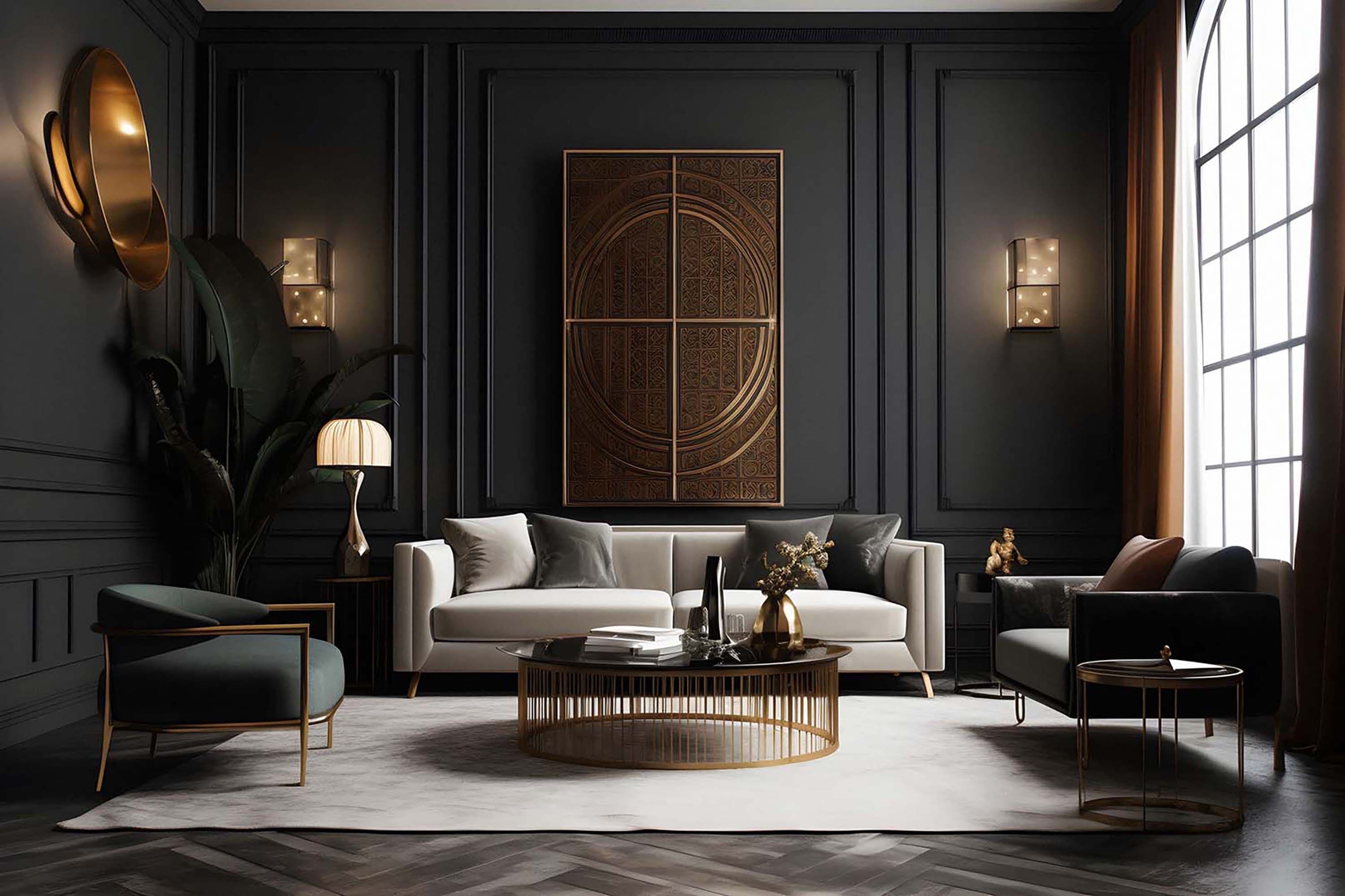Moody living room with a large framed wall art centered above a cream sofa, lit by brass wall sconces near a tall window.