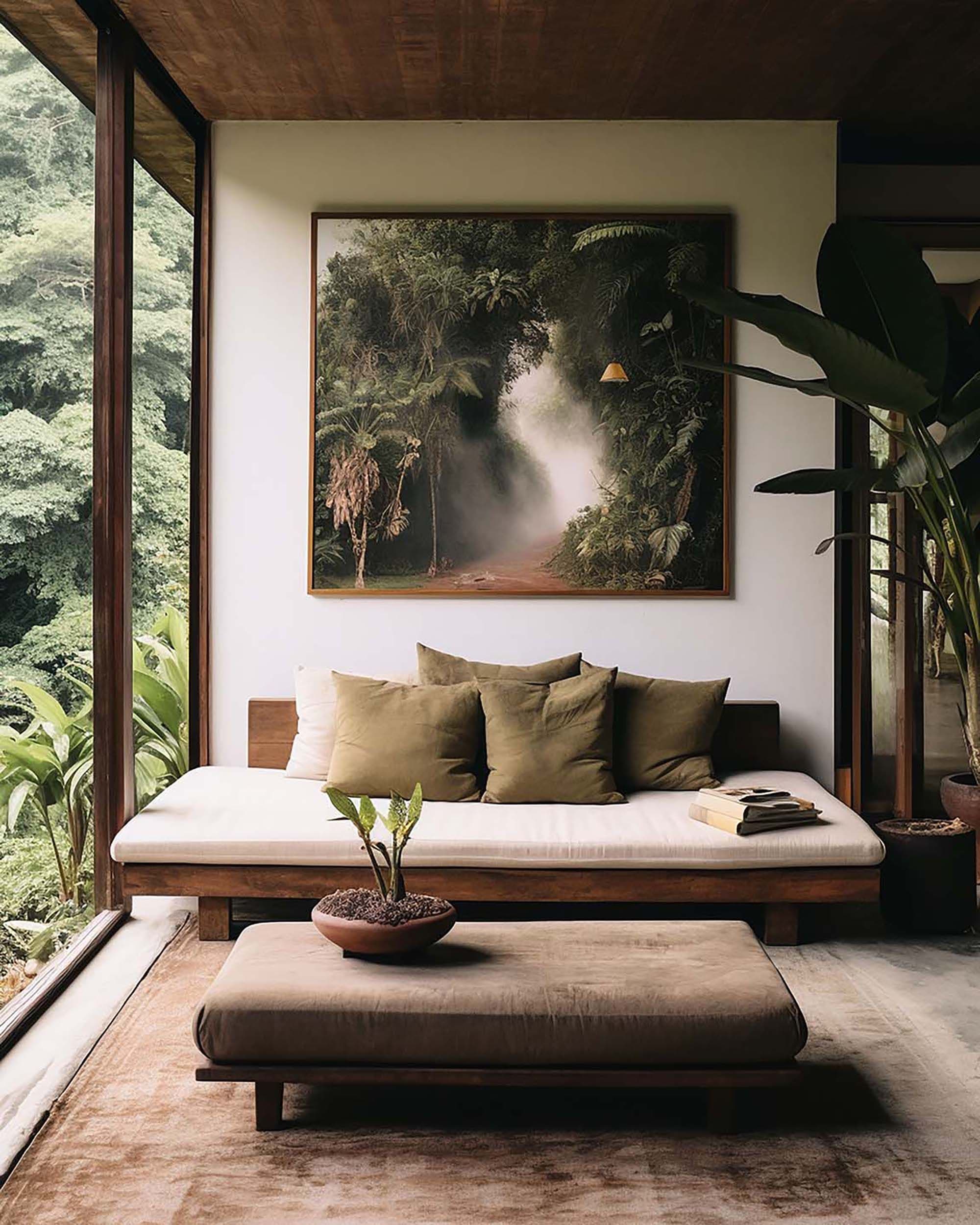 Minimal bedroom with a large framed artwork above a low daybed, set by floor-to-ceiling windows and indoor plants.
