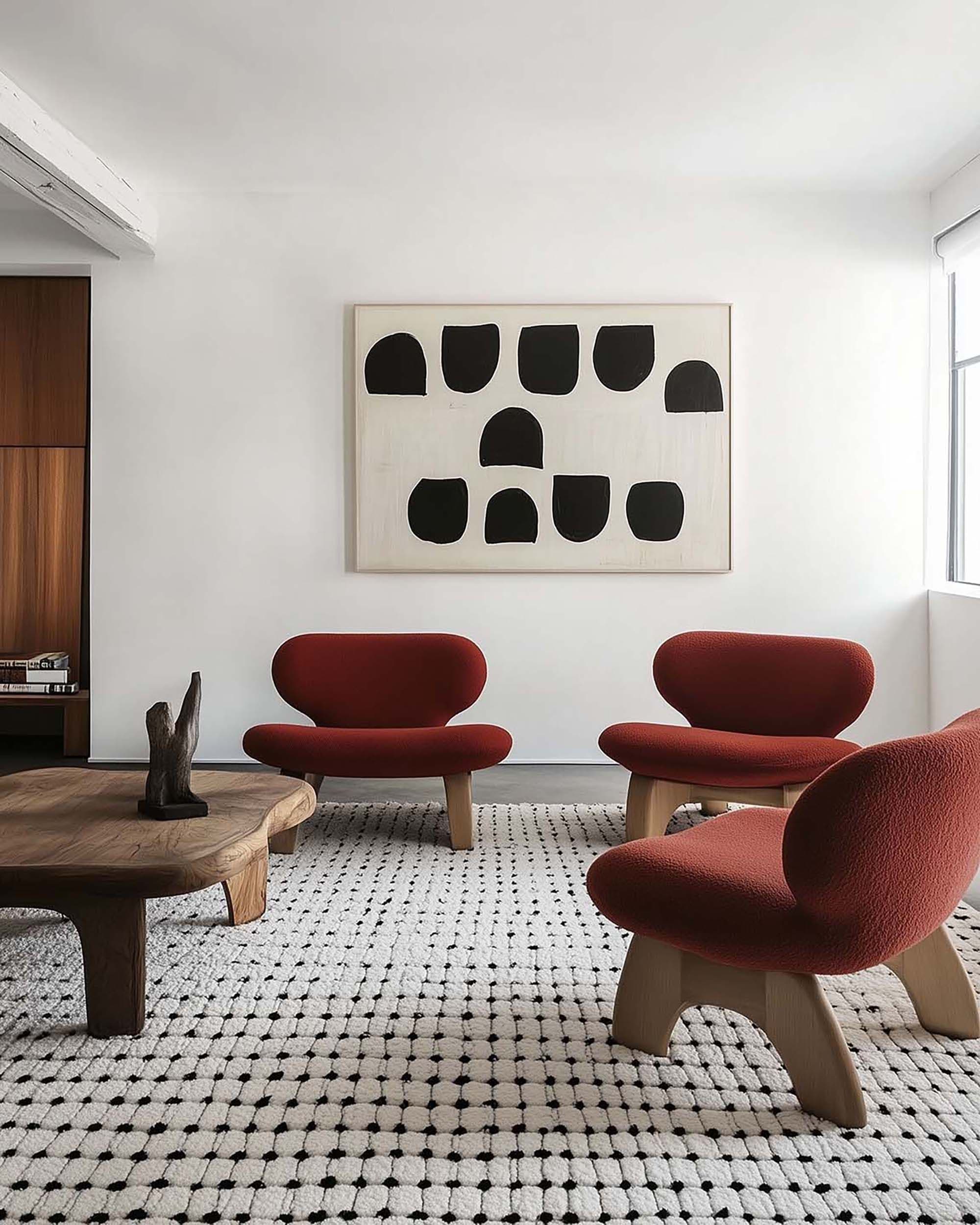 Modern living room wall with a wide framed artwork above red lounge chairs, beside a low wood coffee table on a patterned rug.