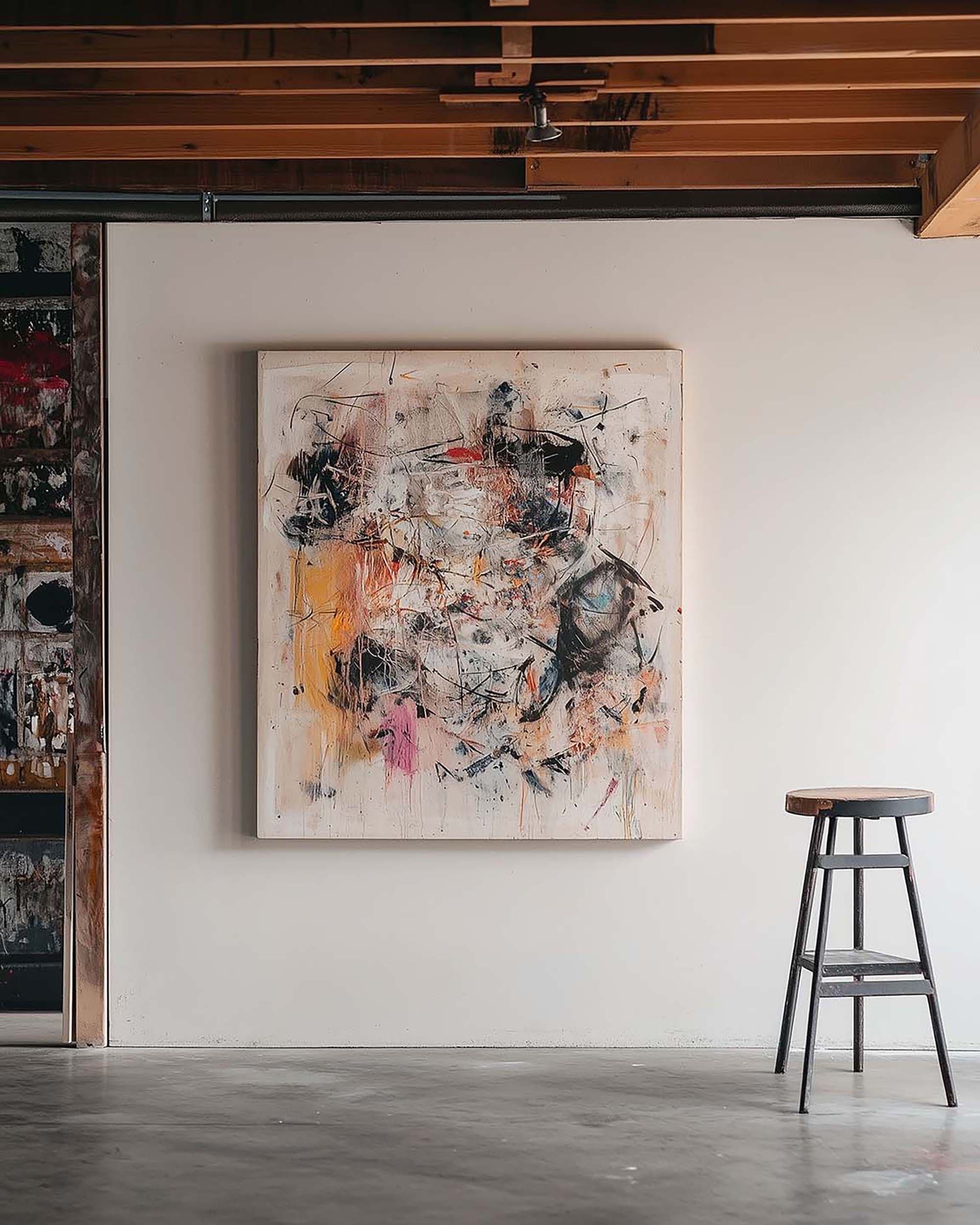 Industrial art studio wall with a large customizable frame centered on a white wall, next to a tall black stool.