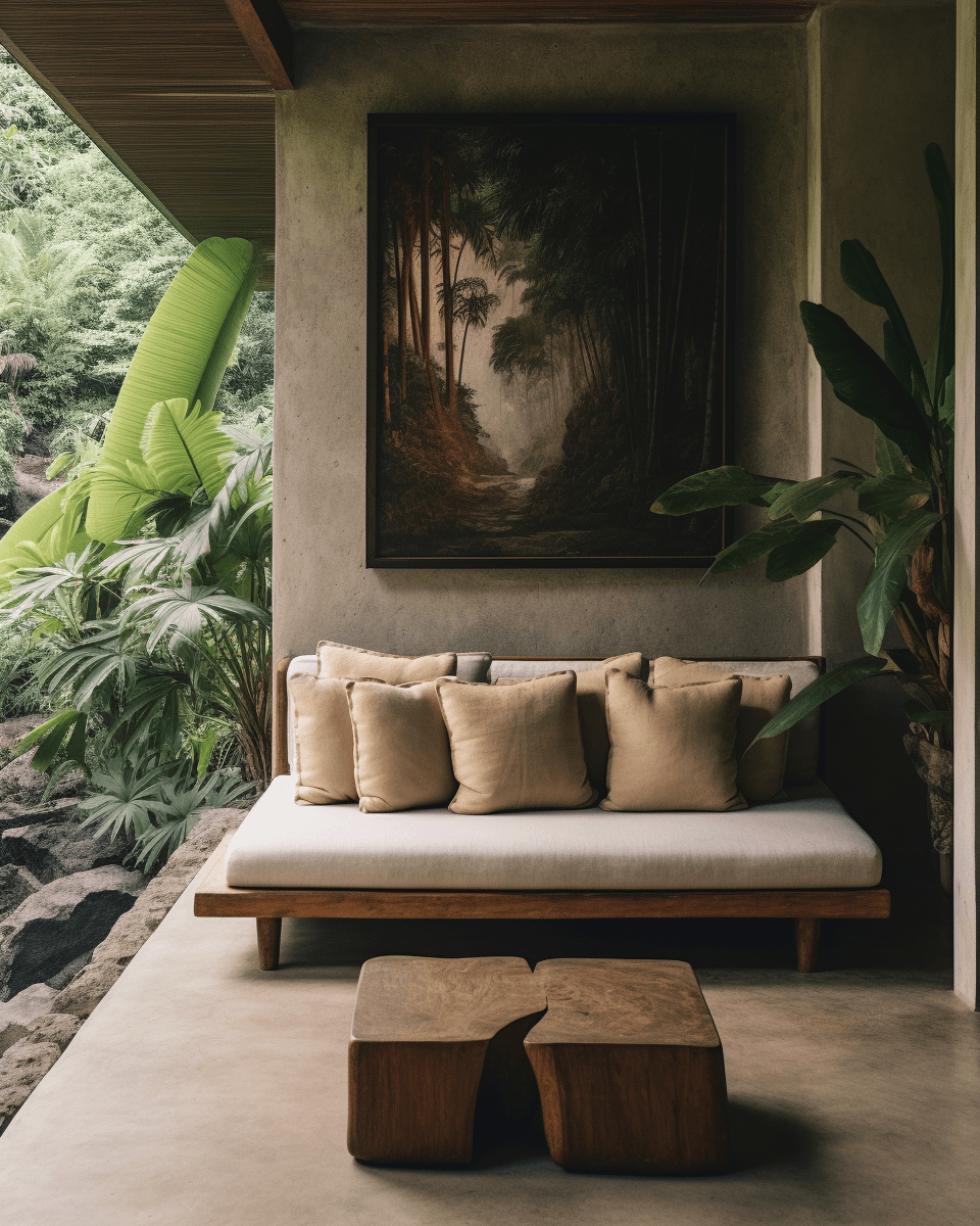 Covered outdoor lounge with a framed wall piece above a low sofa, surrounded by large tropical plants.