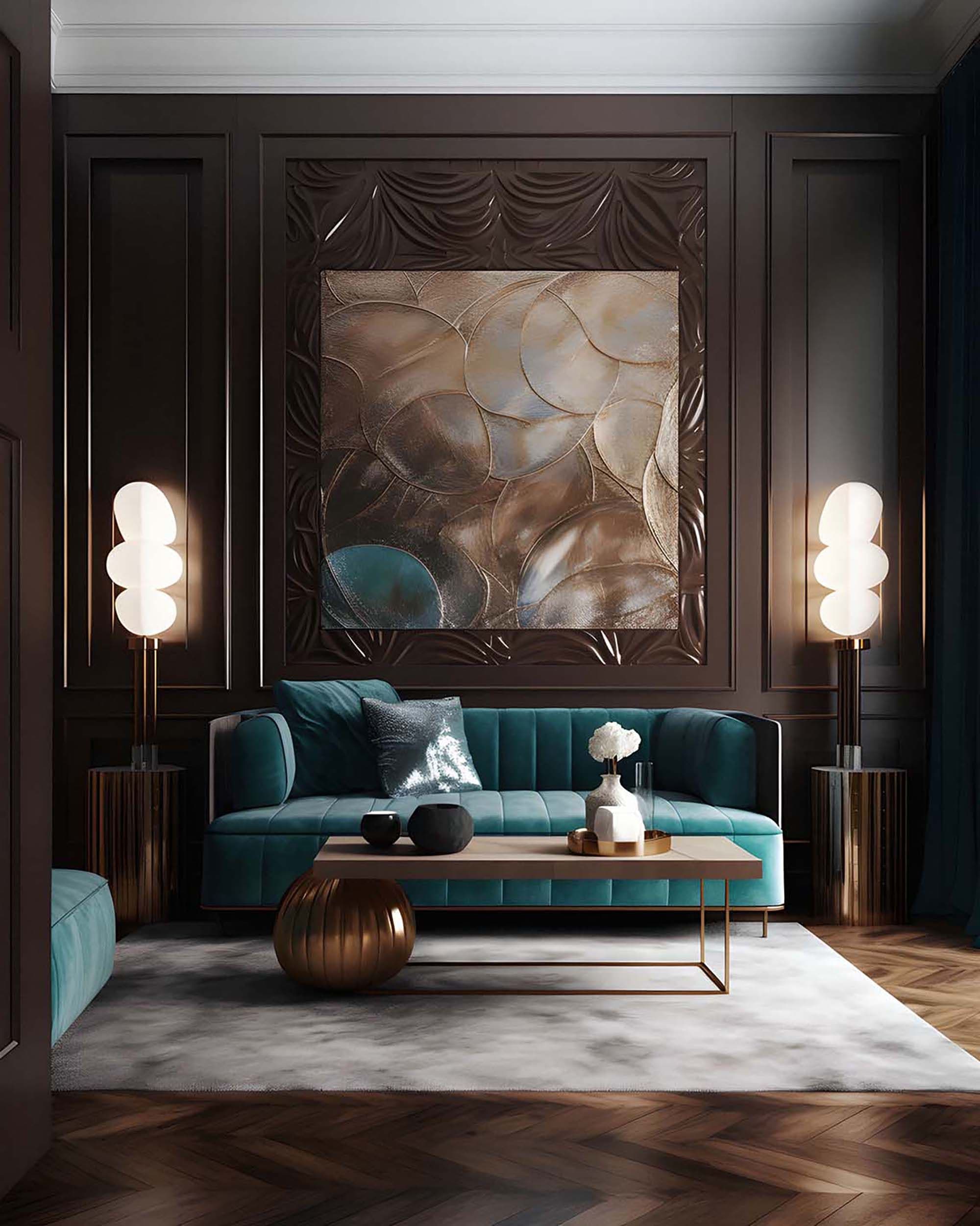 Dark, paneled living room with a large framed wall art piece above a teal sofa, flanked by globe floor lamps.