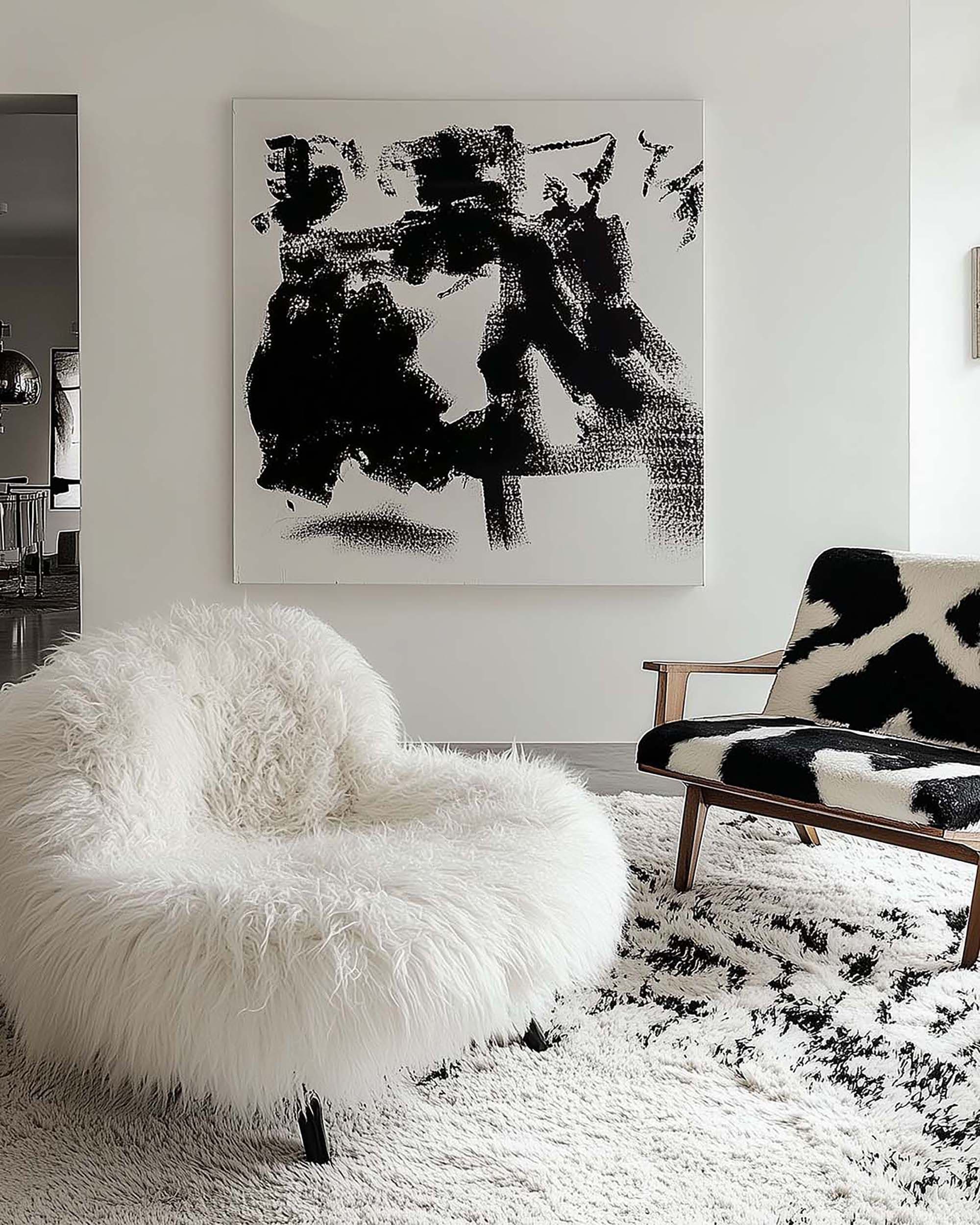Minimal living room wall with a large framed artwork above a white faux-fur lounge chair on a patterned rug.