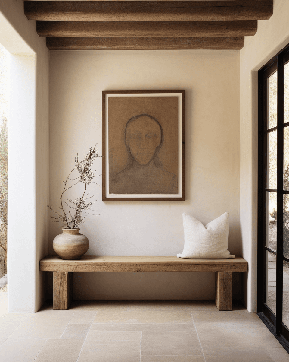 Entryway wall with a framed artwork centered above a rustic wood bench, styled with a ceramic vase and a white pillow.
