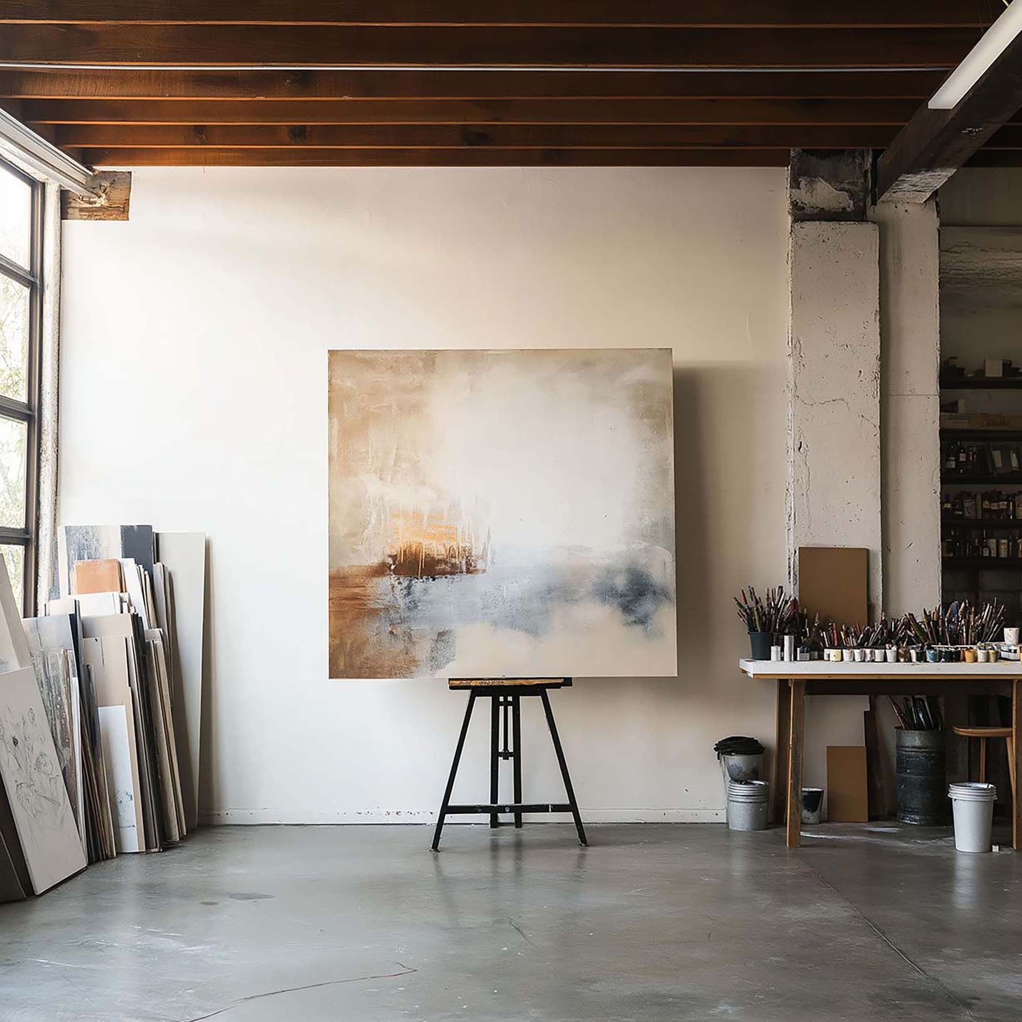 Industrial artist studio with a large artwork on a black easel against a white wall, beside a worktable with brushes.
