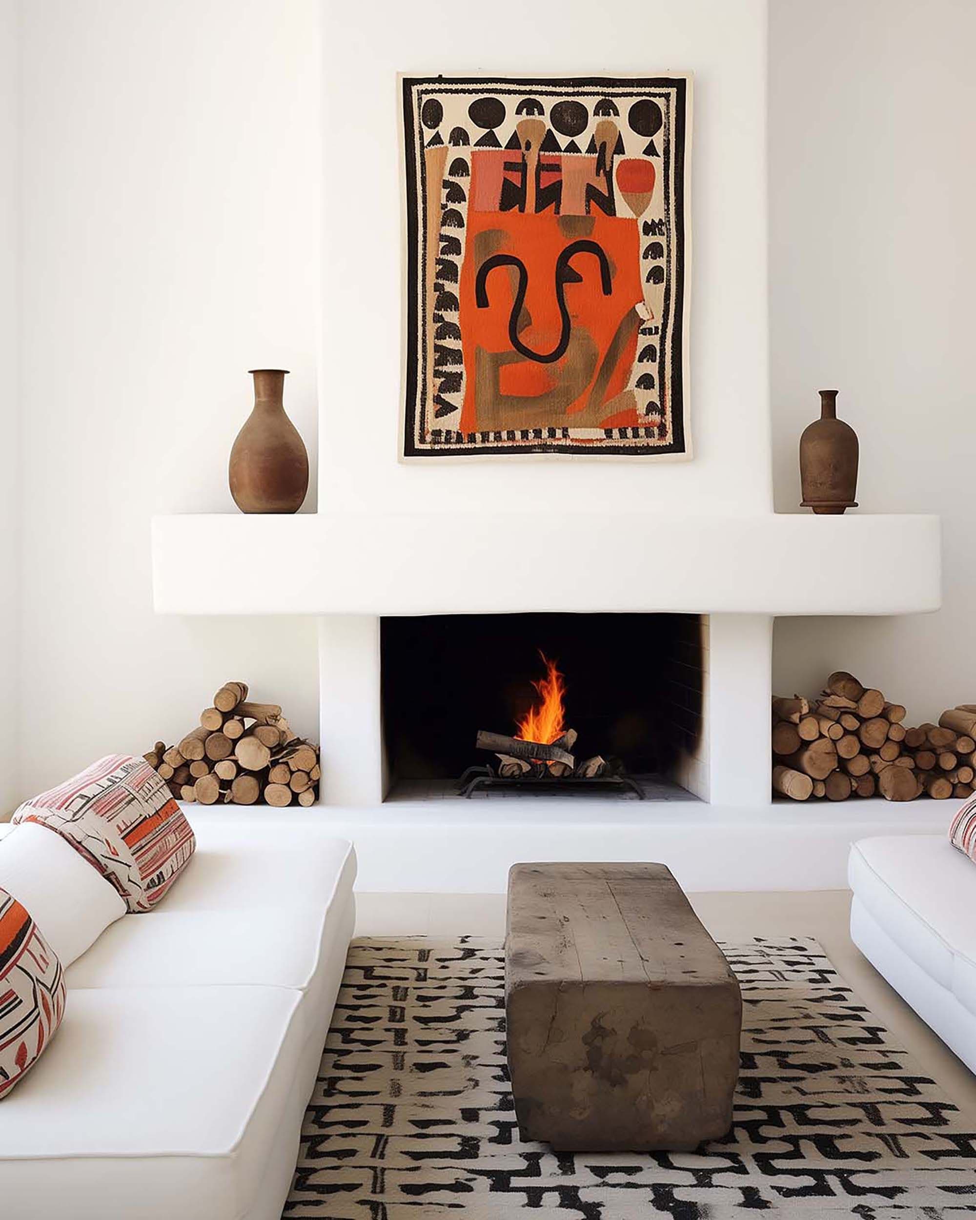 Living room fireplace wall with a customizable frame centered above a white mantel, flanked by ceramic vases.