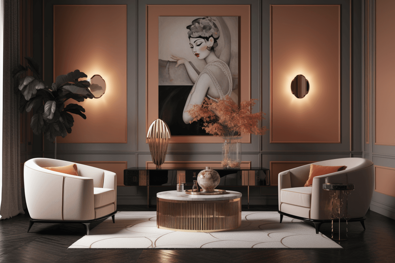 Living room with a large customizable framed wall art centered above a console table, flanked by two wall sconces.