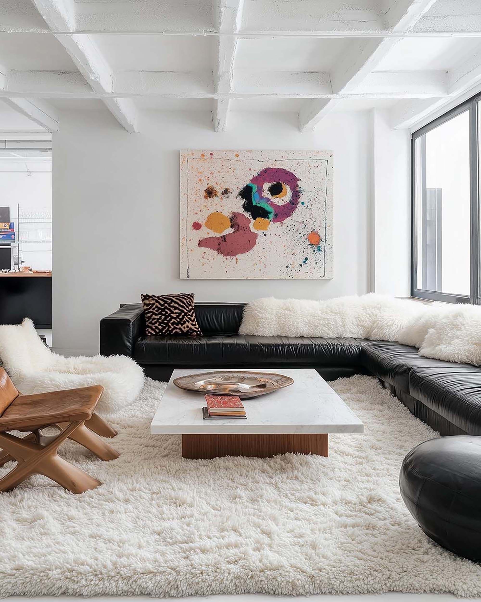 Modern living room with a large wall-mounted frame above a black sectional sofa, beside a tall window and low coffee table.