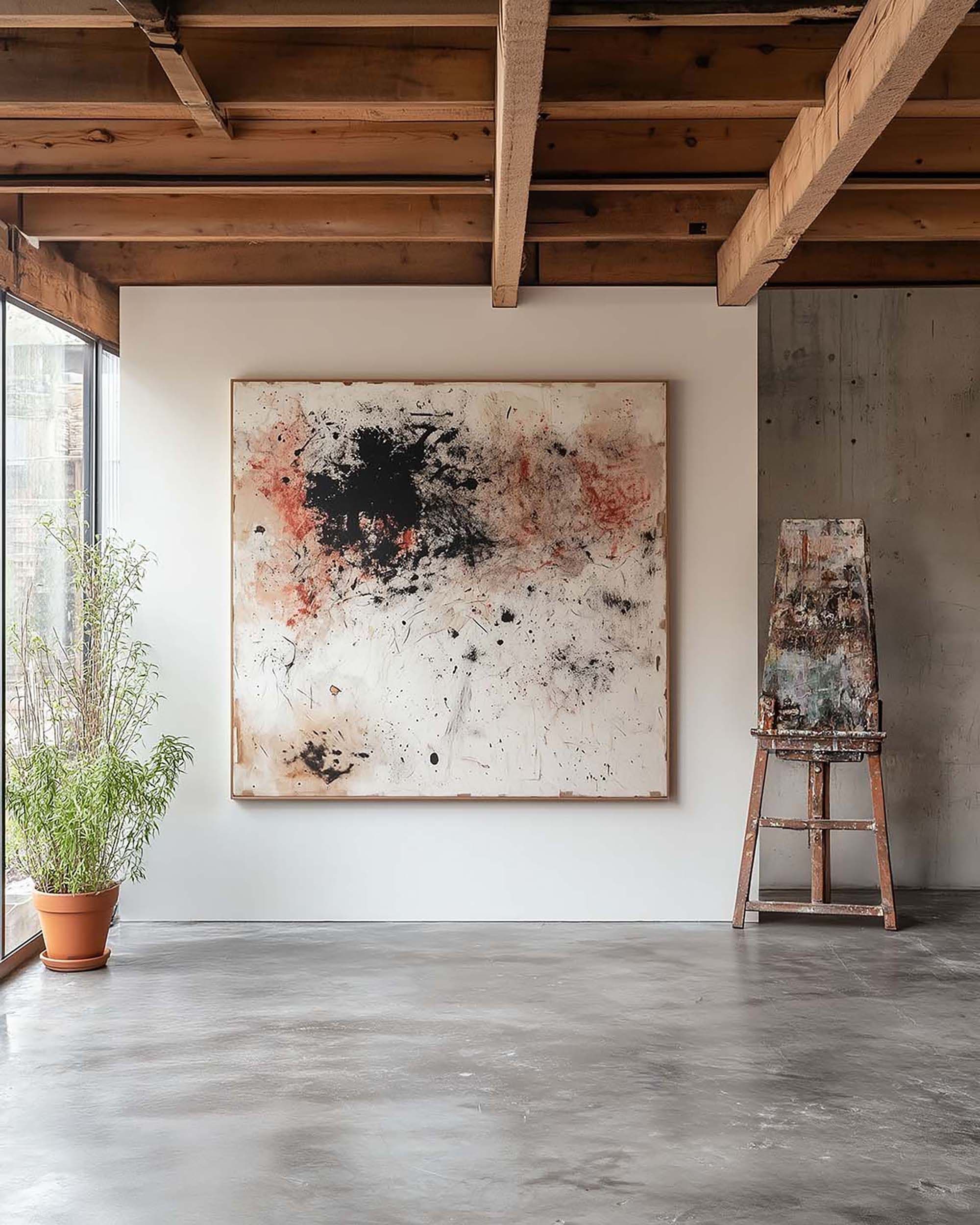 Industrial studio wall with a large framed artwork on a white partition, exposed wood beams overhead, and a potted plant by the window.