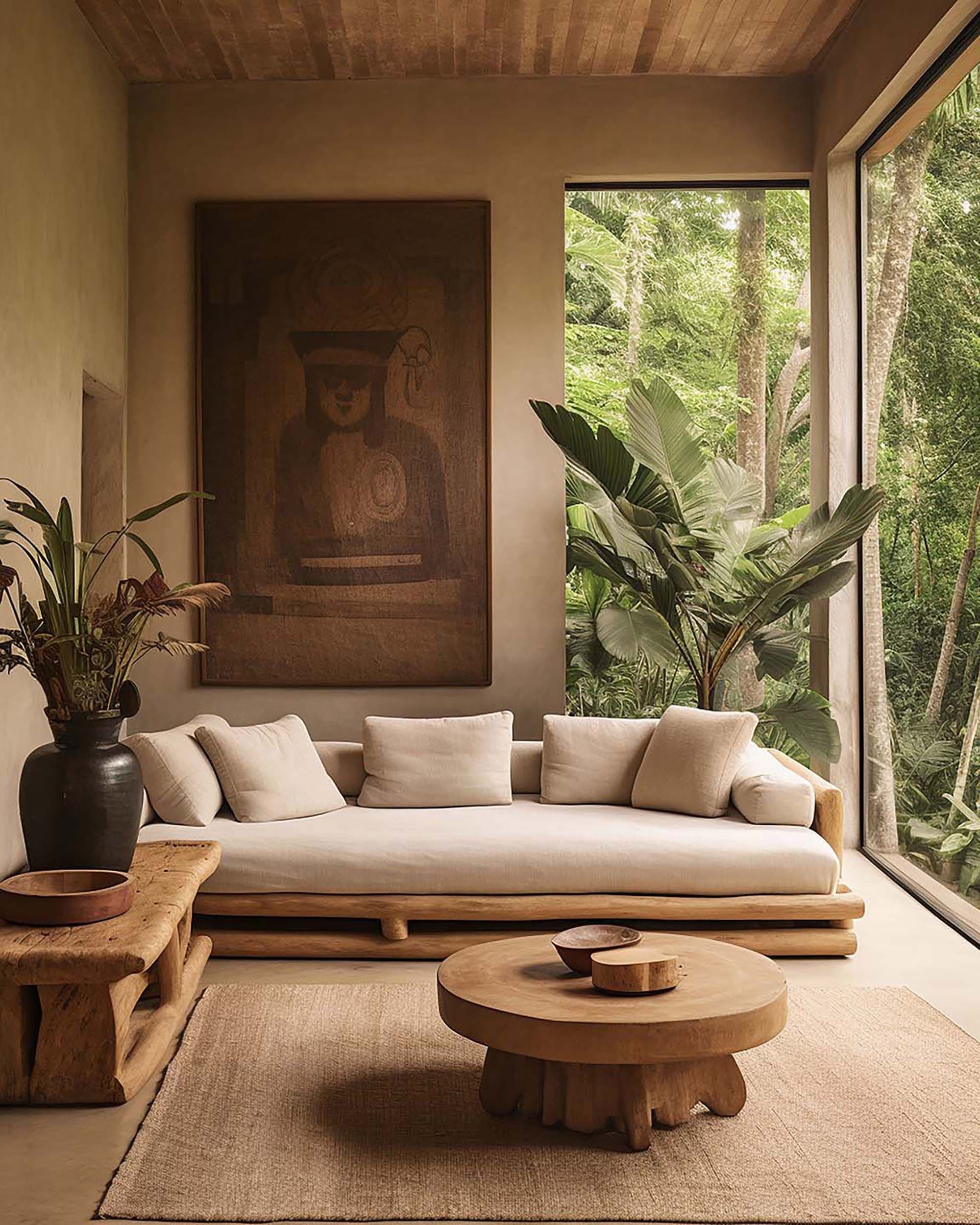 Minimal living room with a large framed wall piece above a low white sofa, next to a floor-to-ceiling window and wood coffee table.
