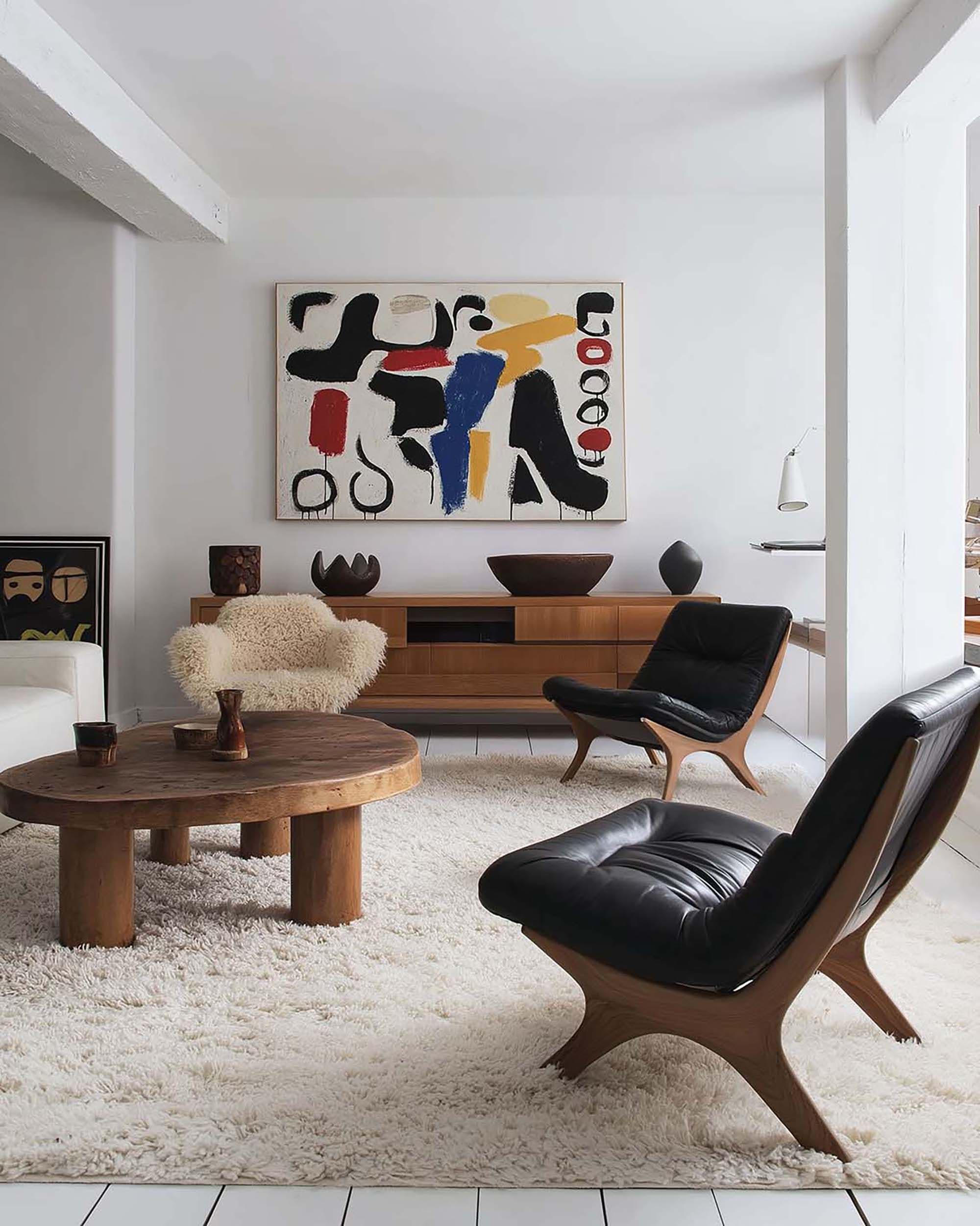 Bright living room with a large wall frame above a long wood sideboard, with a round coffee table on a shag rug.