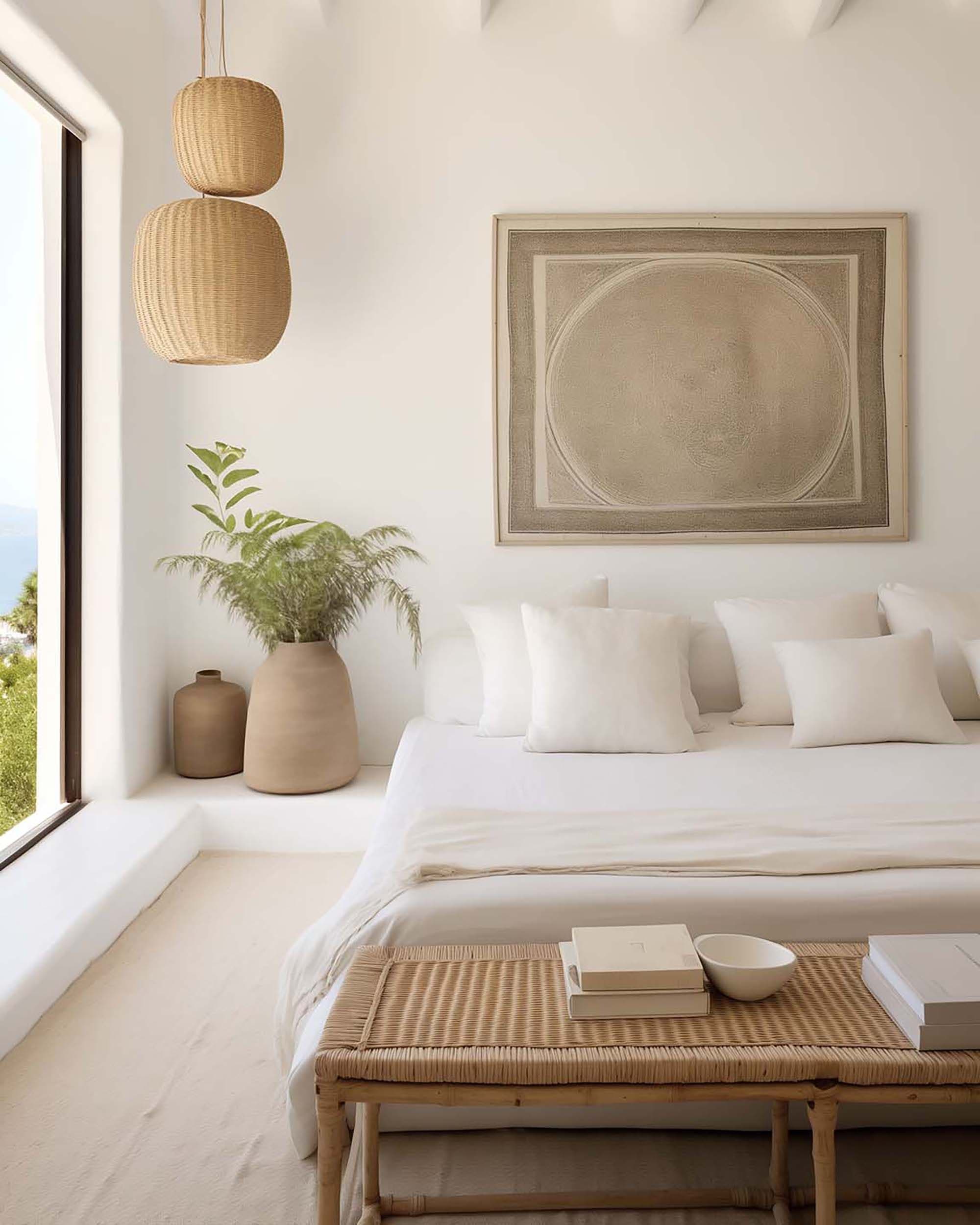 Bright neutral bedroom with a framed wall piece above the bed, a woven pendant light, and a rattan bench at the foot.
