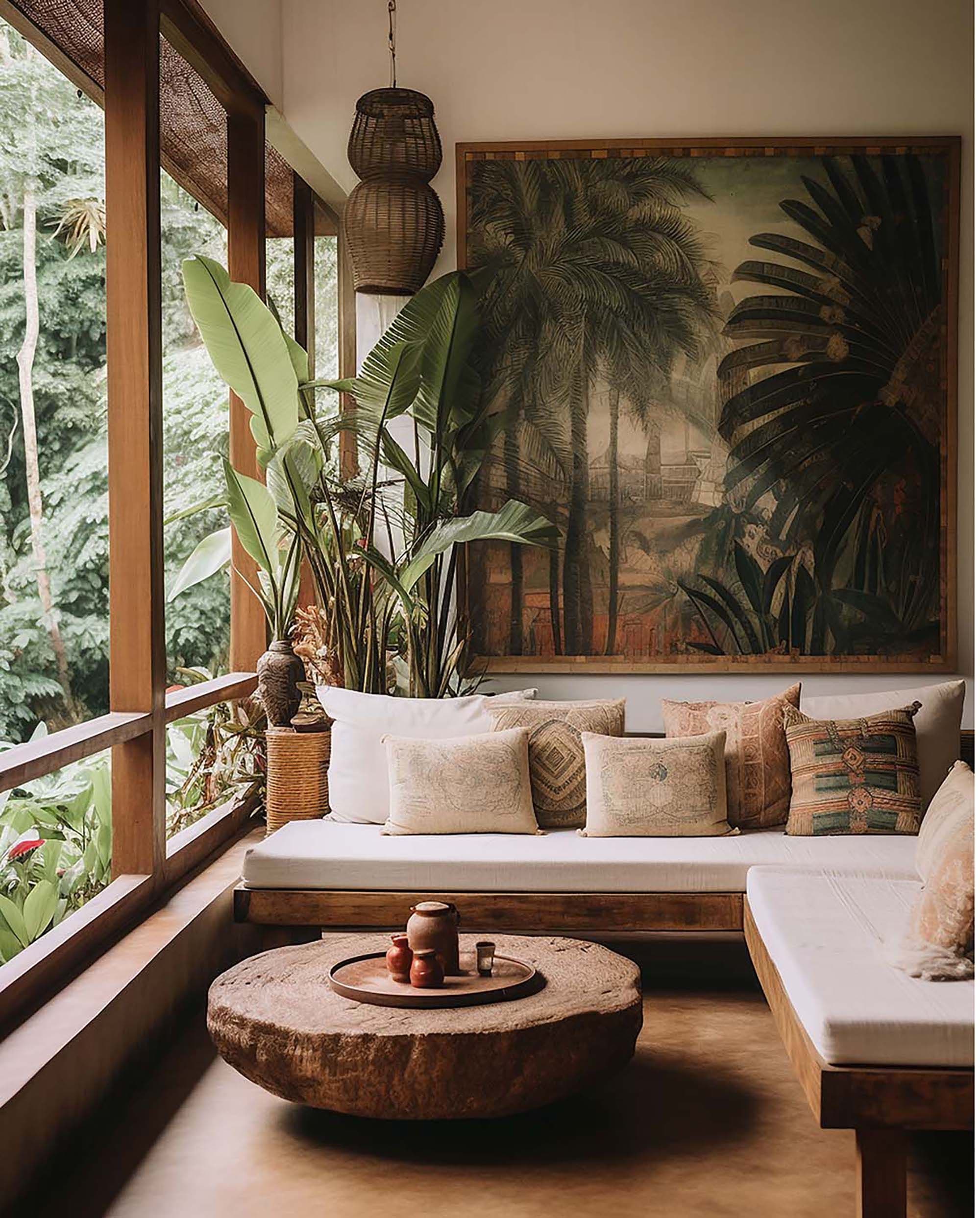 Bright sunroom seating area with a large framed wall art above a white cushioned daybed and a low round wood coffee table.
