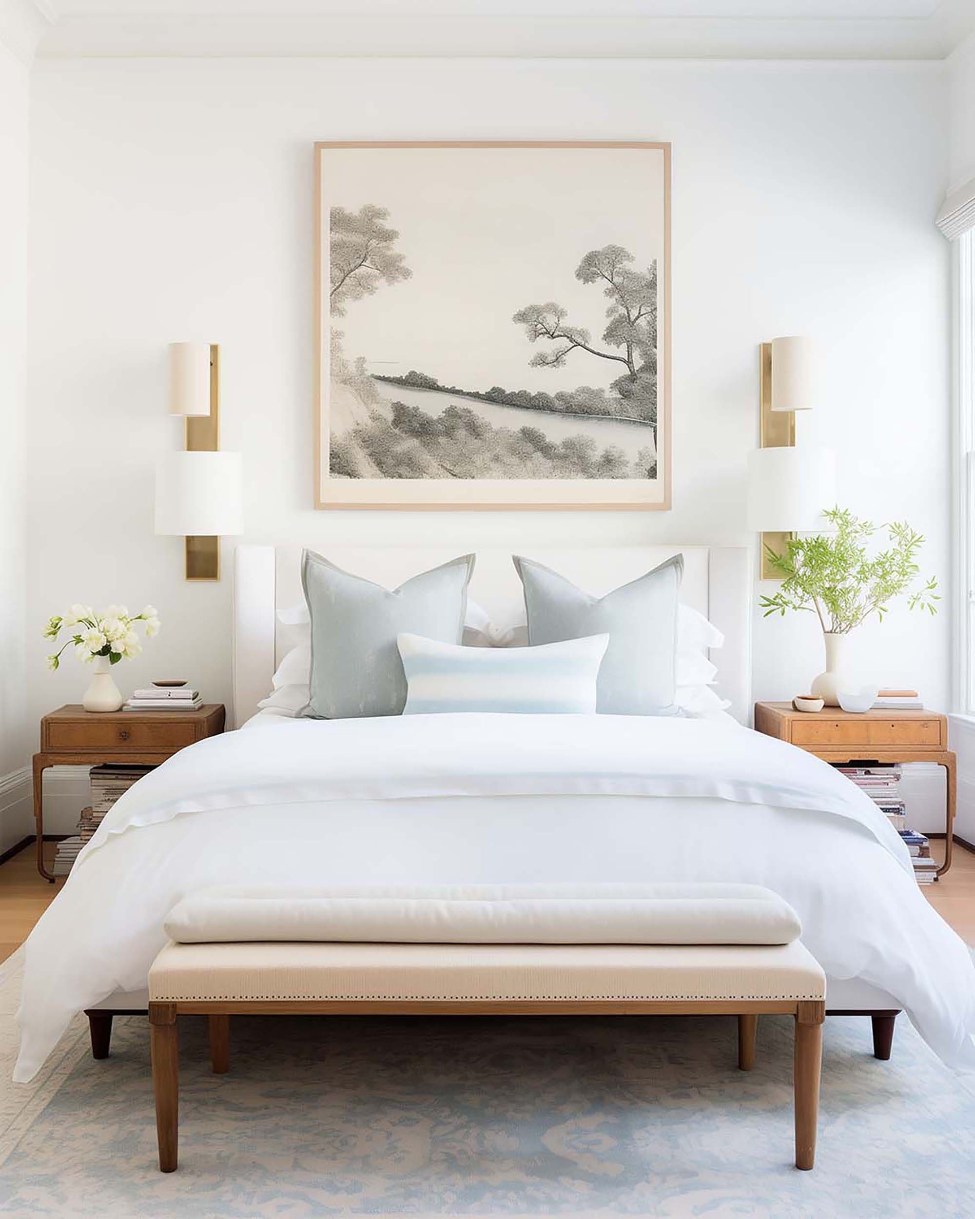 Bright bedroom with a large framed artwork centered above a white bed, flanked by brass wall sconces and nightstands.