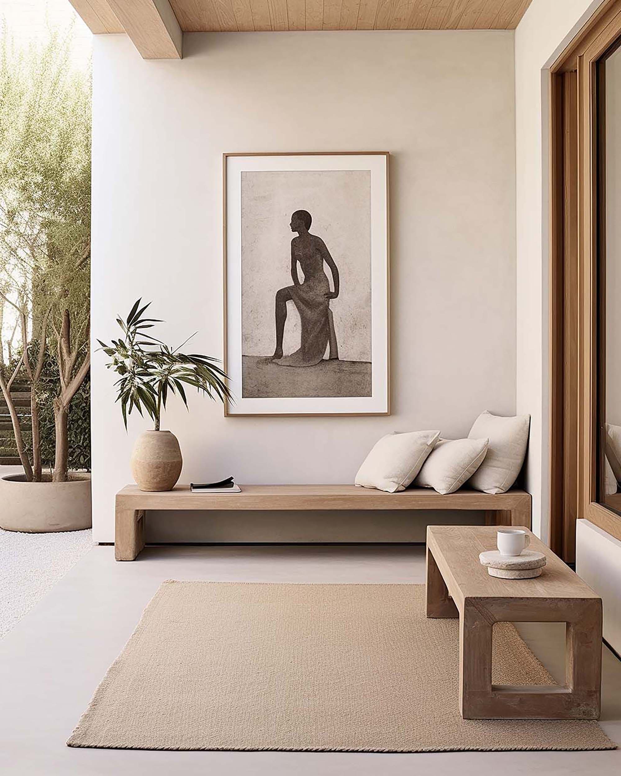 Minimal entryway with a large framed artwork centered above a low wood bench, plus a ceramic vase with greenery.