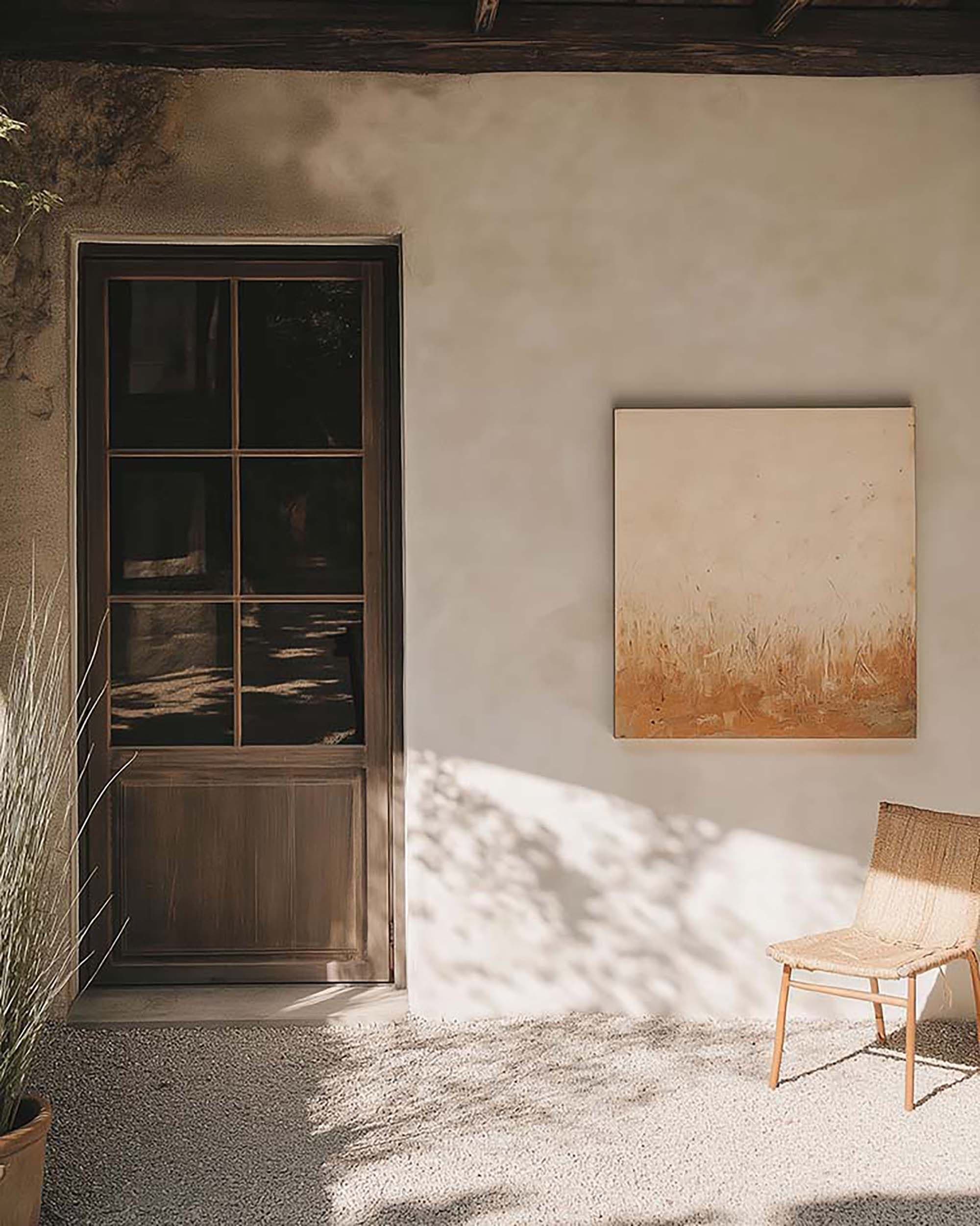 Rustic entryway wall with a hanging frame beside a dark wood glass-paneled door and a woven chair in sunlight.