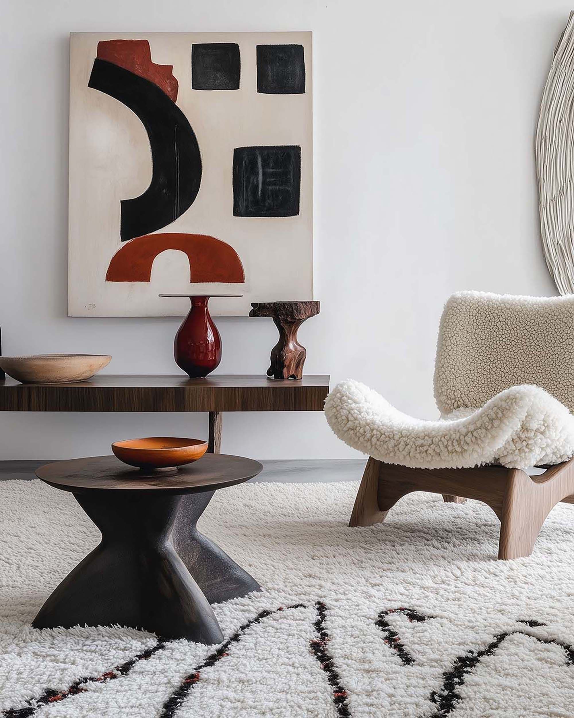 Modern living room wall with a large framed artwork above a low wood console, beside a cream boucle lounge chair.
