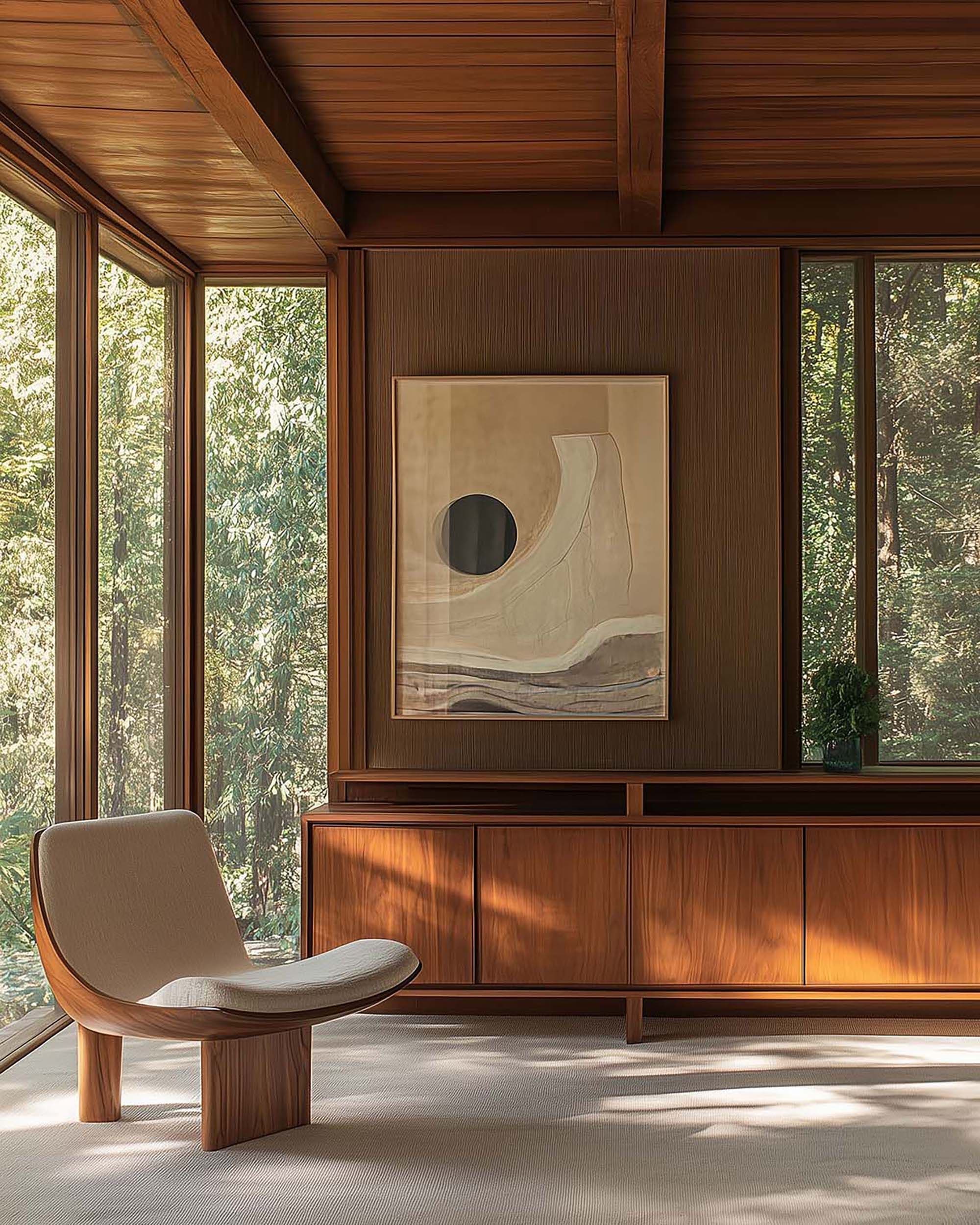 Wood-paneled living room wall with a framed artwork above a long low cabinet, beside a lounge chair and tall windows.