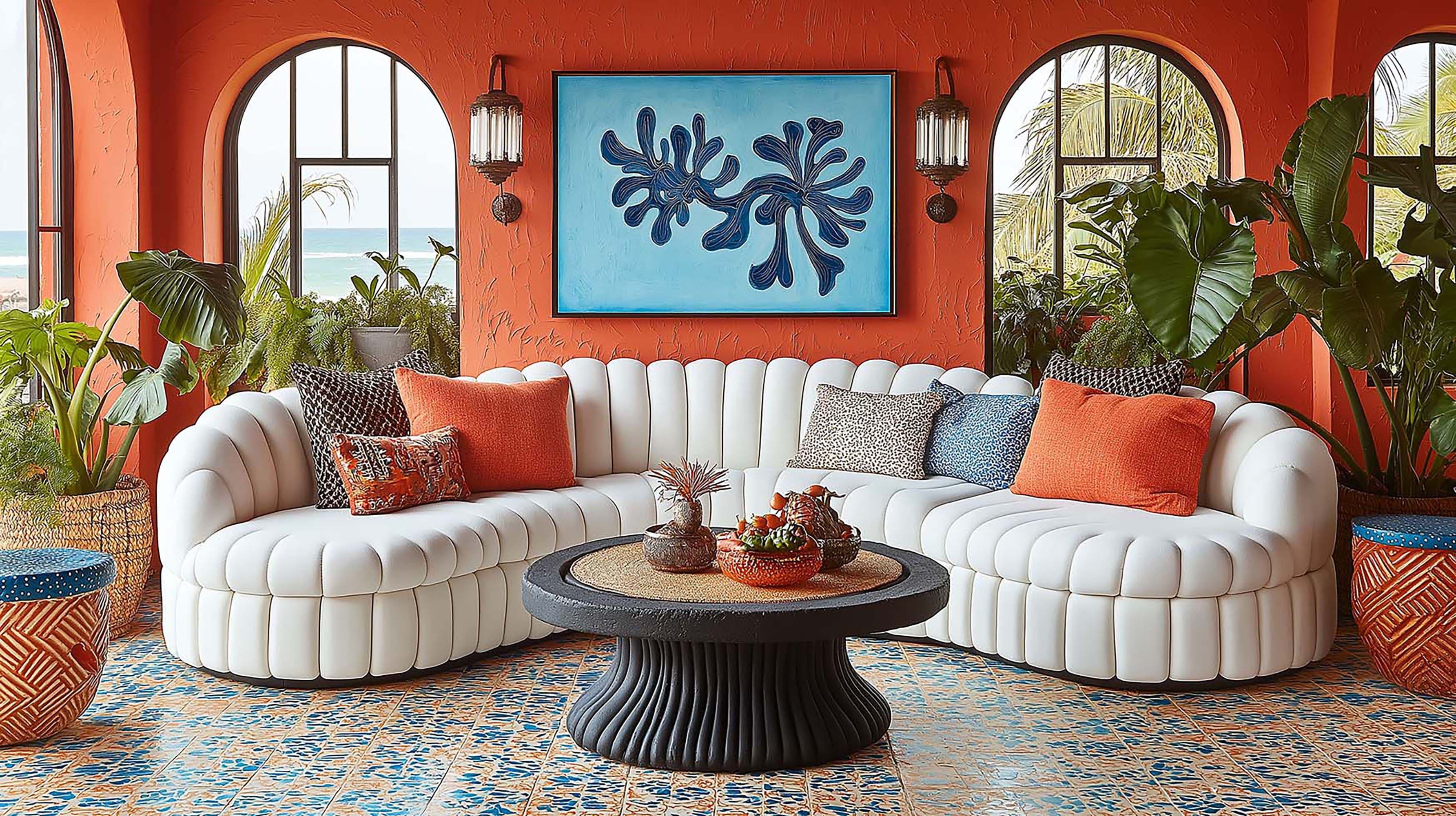 Living room with a large framed artwork centered above a curved white sectional sofa, between two arched windows.