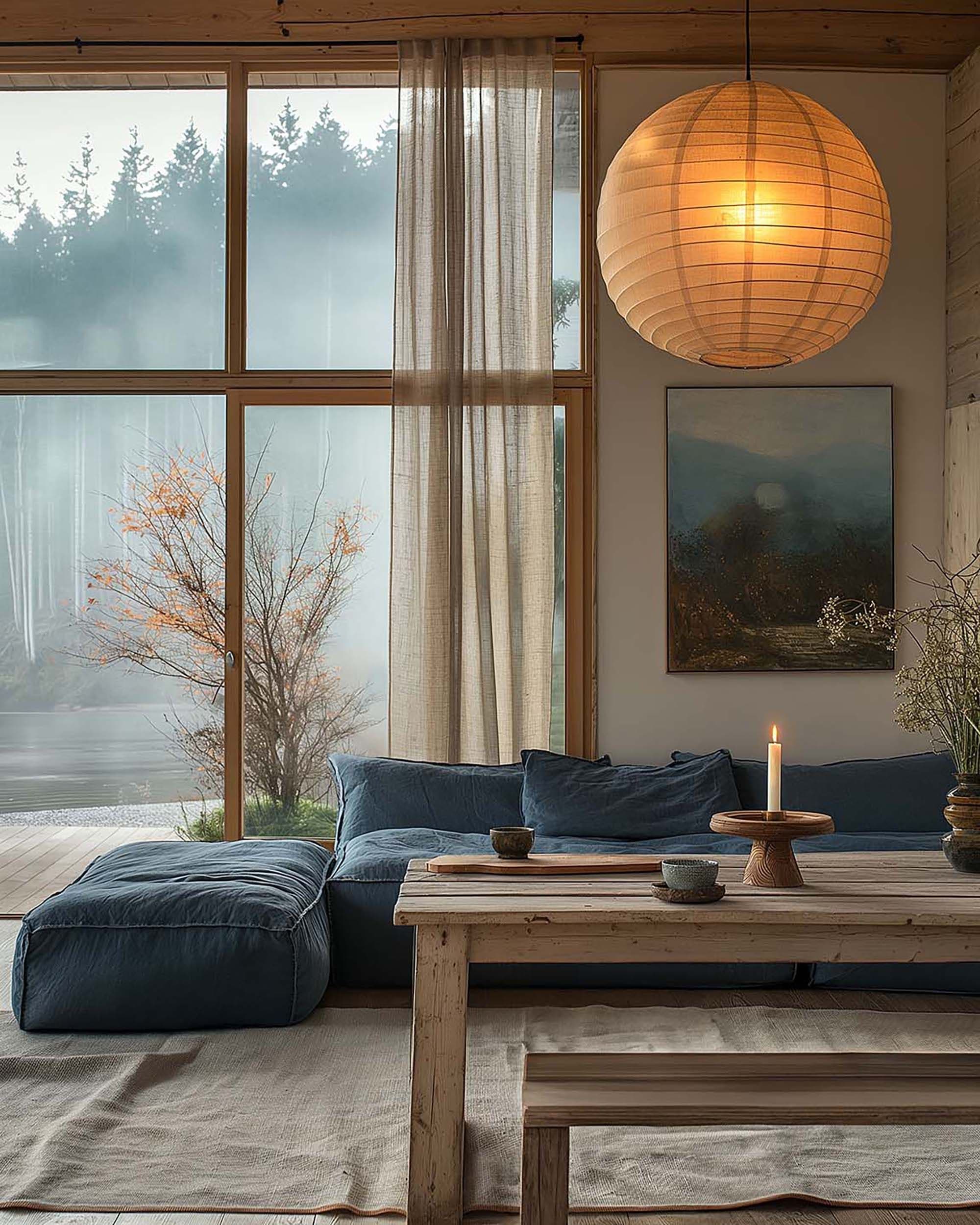 Cozy living room with a framed wall piece above a blue sofa, beside tall wood-framed windows and a paper lantern pendant.
